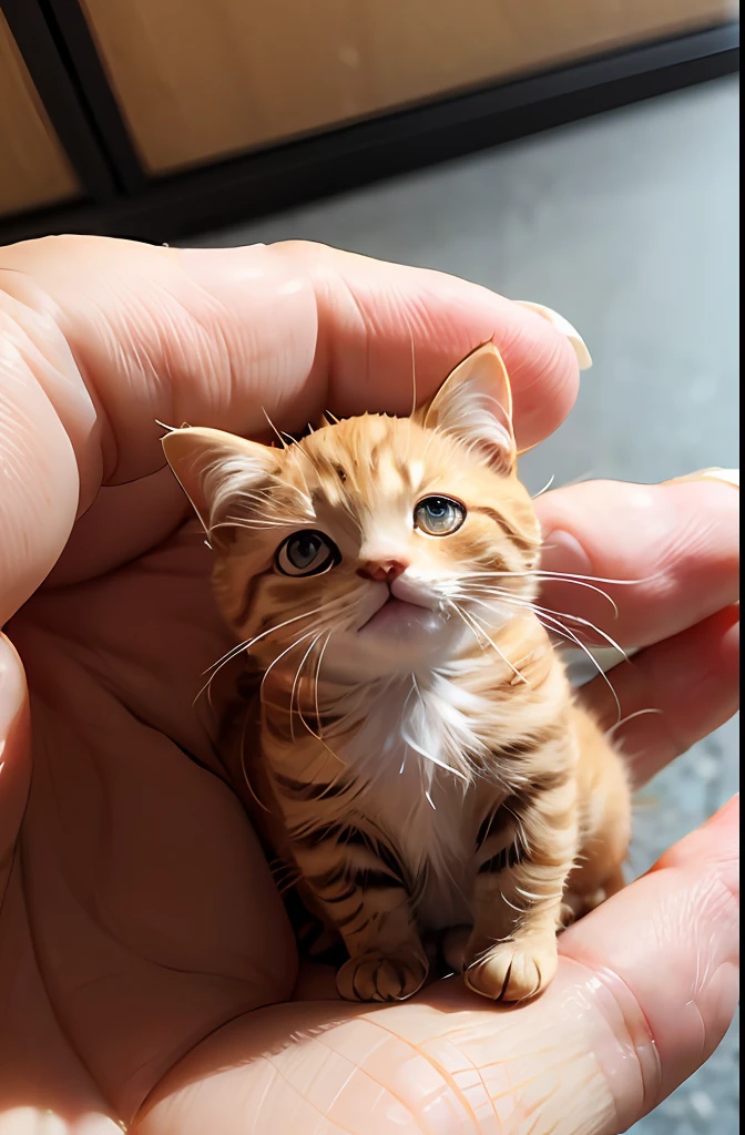 A miniature kitten,The size is only one centimeter,microcosm,Put it on your hand,Golden gradation cat