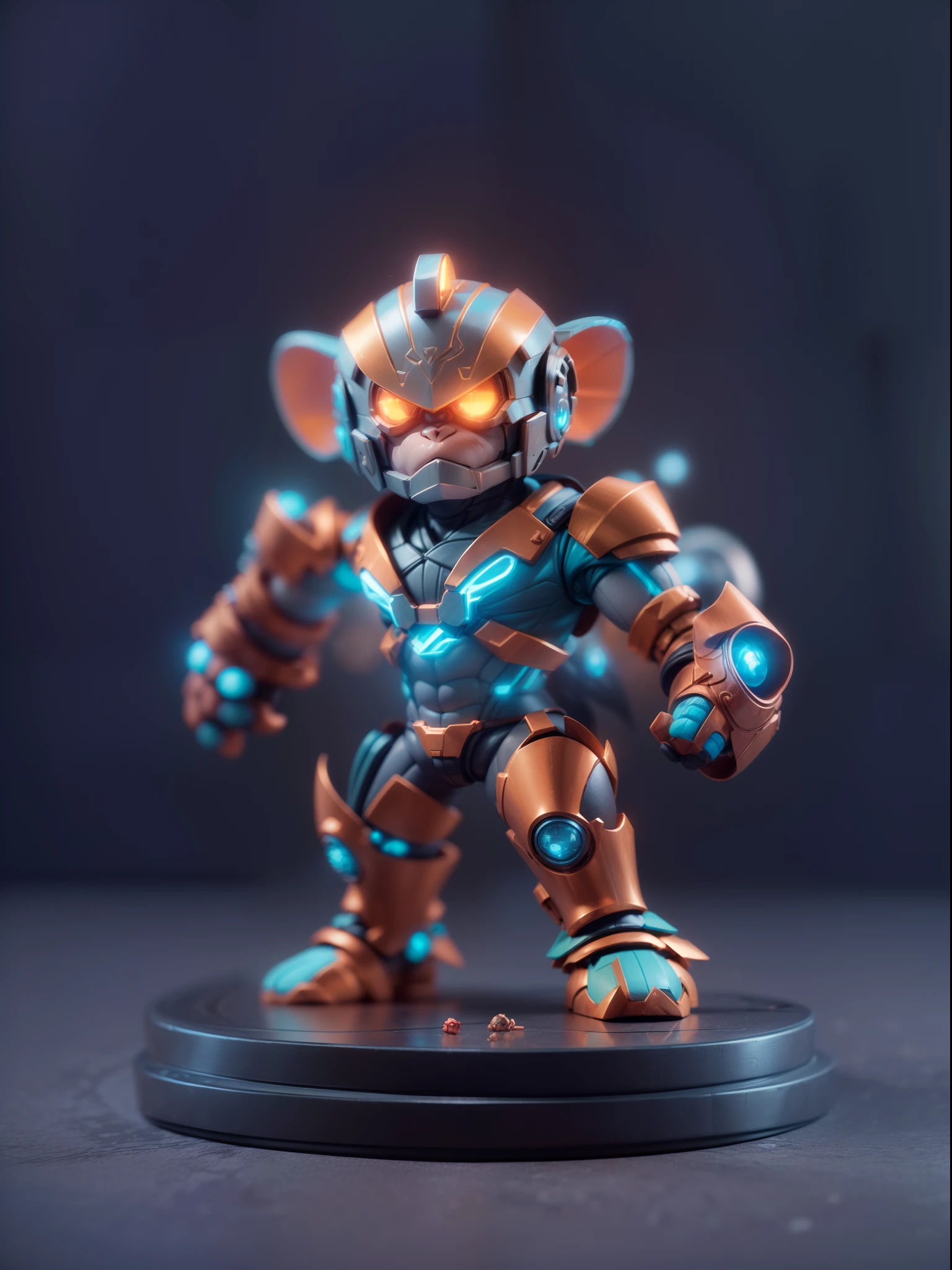 (Blind box toy style:1.3),((Full body shot))(anthropomorphism) , (1 strong monkey metal warrior)(((solo))) metal armor,dreamy glow, Clean dark background,Red cyan style，(circular base）( Global illumination, Ray tracing, hdr, unreal render,reasonable design, high detail, Masterpiece, Best quality, hyper HD, Cinematic lighting)