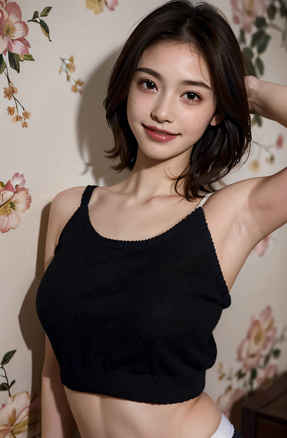 (Show underarms、A hyper-realistic、Armpit、Detailed armpit wrinkles、Detailed armpit pores、Realistic armpit skin、Black armpit skin、Black colored armpits、showing your whole body、white panty), (illustratio), (hight resolution), (8K), (ighly detailed), (The best illustrations), (armpit pose、beatiful detailed eyes), (top-quality), (ultra-detailliert), (masterpiece), (wall-paper), (详细的脸), (A smile、( girl,Show realistic armpits,))Brown hair,short-hair,Girl in dark blue sweater without sleeves, japanes,