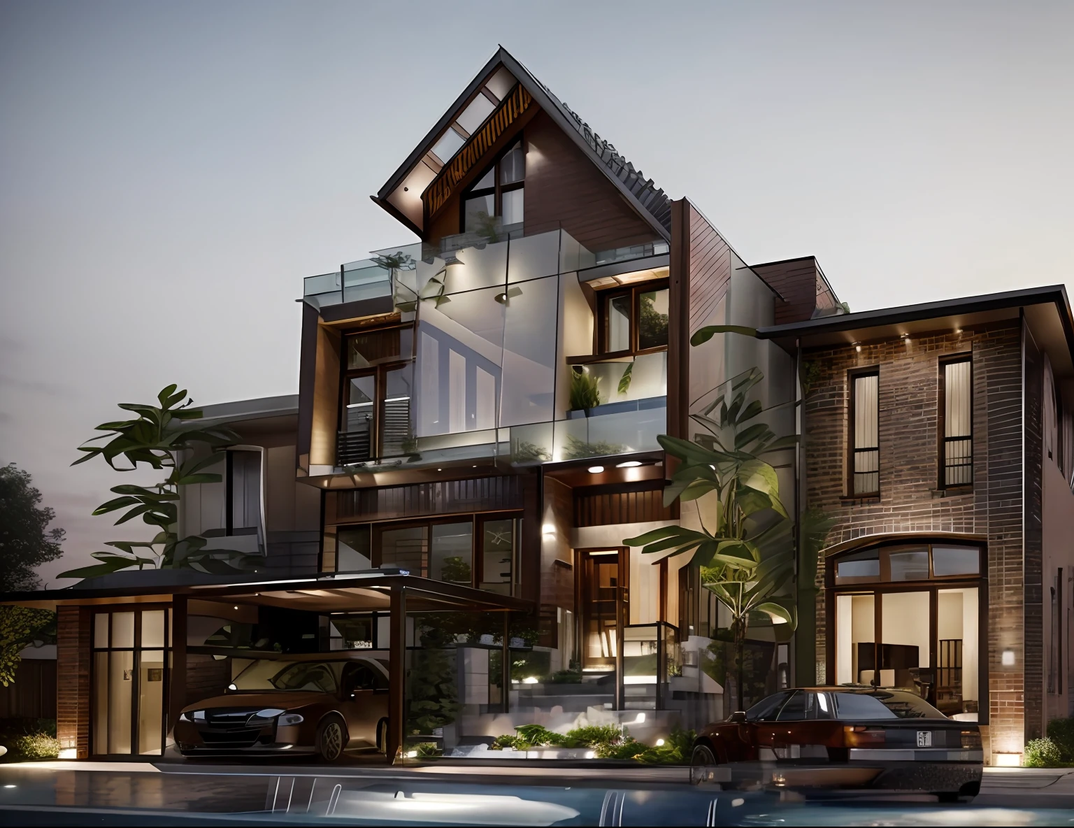 Ultra detail, realistic, masterpiece, exterior design, town house 2-storeys, brick wall, glass window, landscape outside