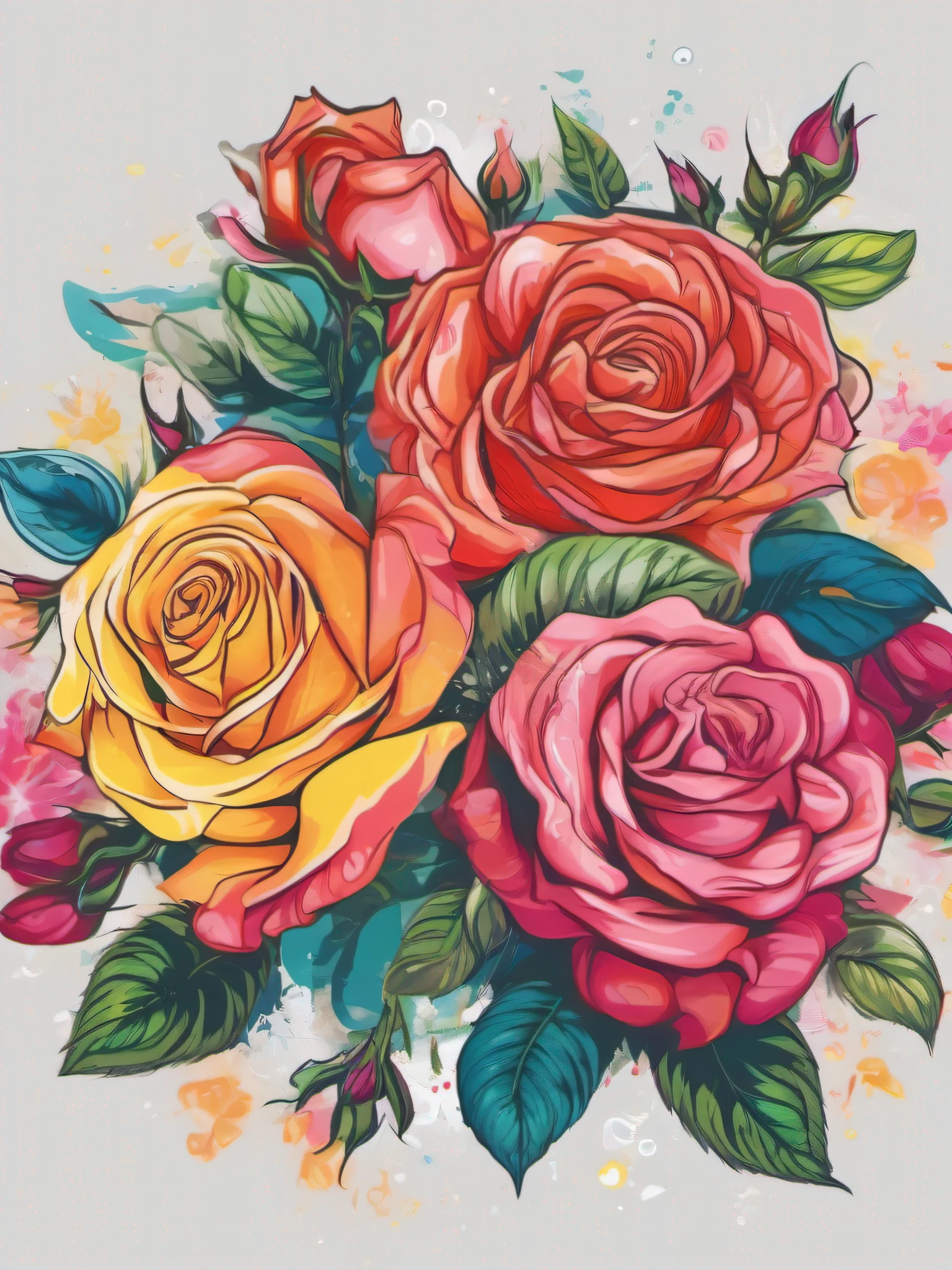 t-shirt print vector image, of several roses of different colors in harmony and color mix, with other smaller flowers around, white background image, vivid colors