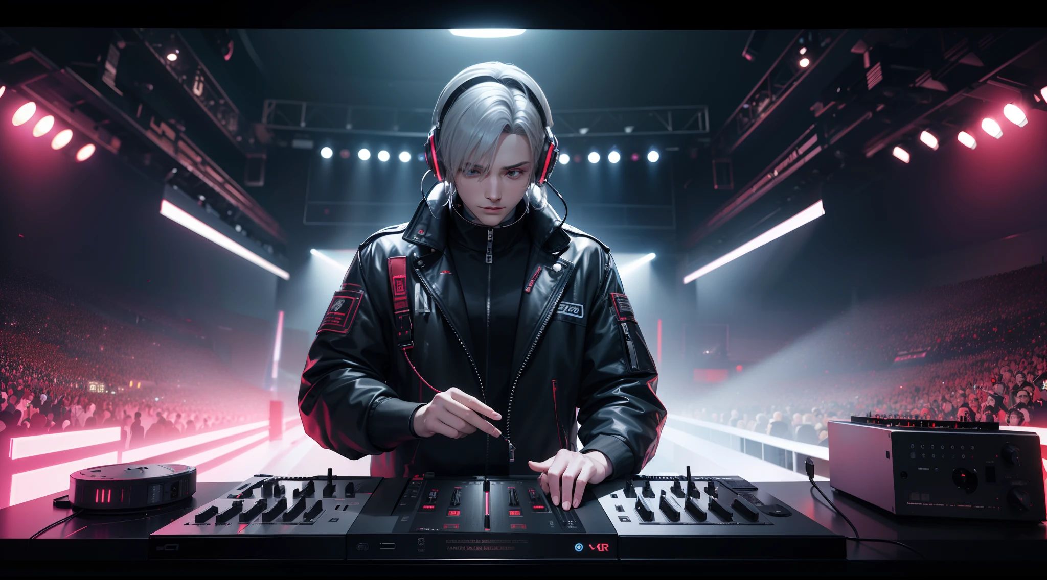 (hyperdetailed, 16k resolution, octane render, pyrotechnic),break,A male DJ wearing futuristic jacket and big silver headphones, standing in front of a dj set， focused on performing. Side semi close-up, virtual stage background. Futurist digital art