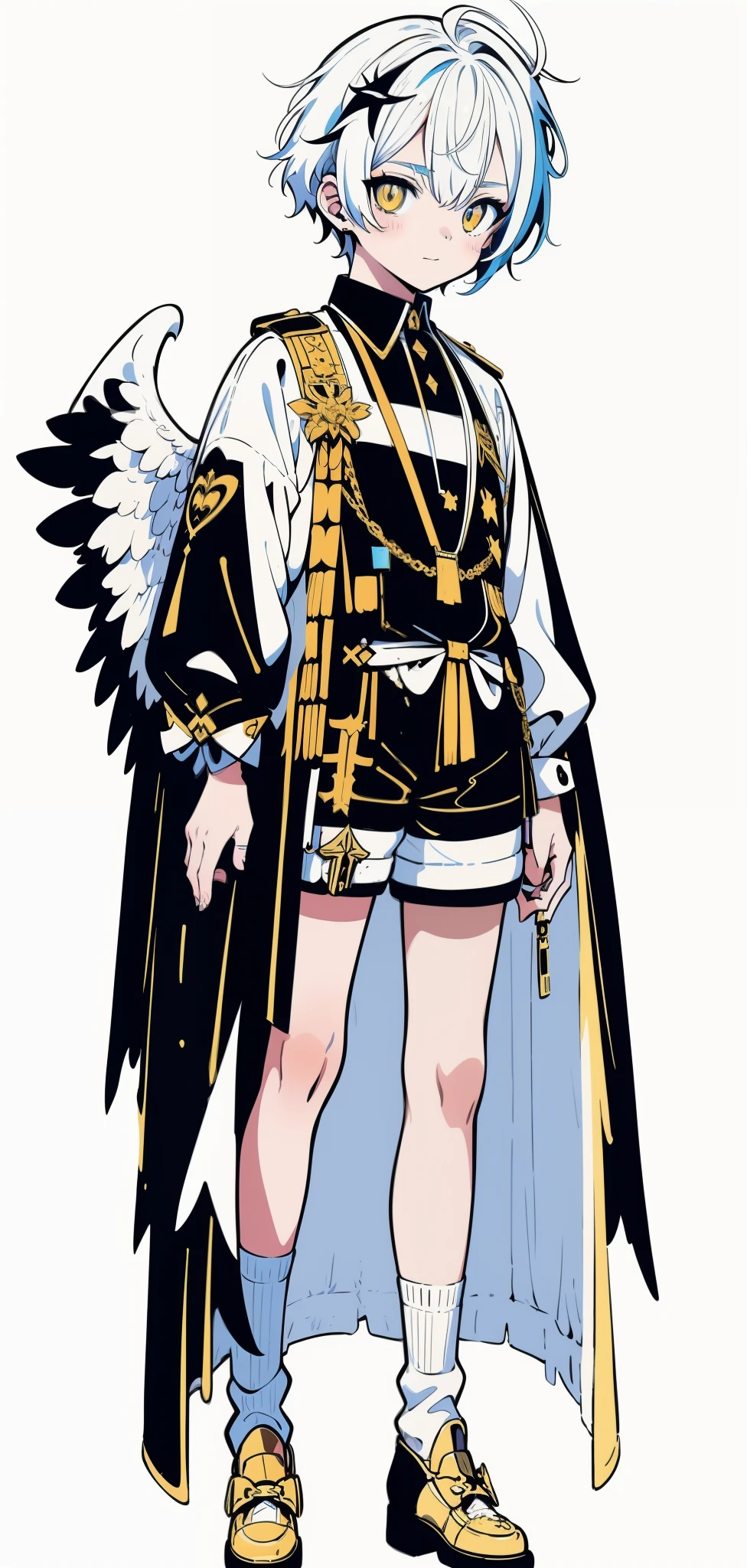 (((Male characters))), ,(((Boy))),anime big breast, White background, Vertical painting, solo,Character design, Clear,hyper HD, Exquisite,full bodyesbian, Boots ,((simple line))), Flat coating,((Simple)),(European clothing:1.2), Simple clothing,((Strappy shorts)),western,angel,Angel Boy,Striped hair, Asymmetrical hair,angelic halo,colored inner hair, Wings, mismatched pupils, Golden eyes, silvery white hair, Asymmetrical bangs,divino,crosses,golden colored,white colors,