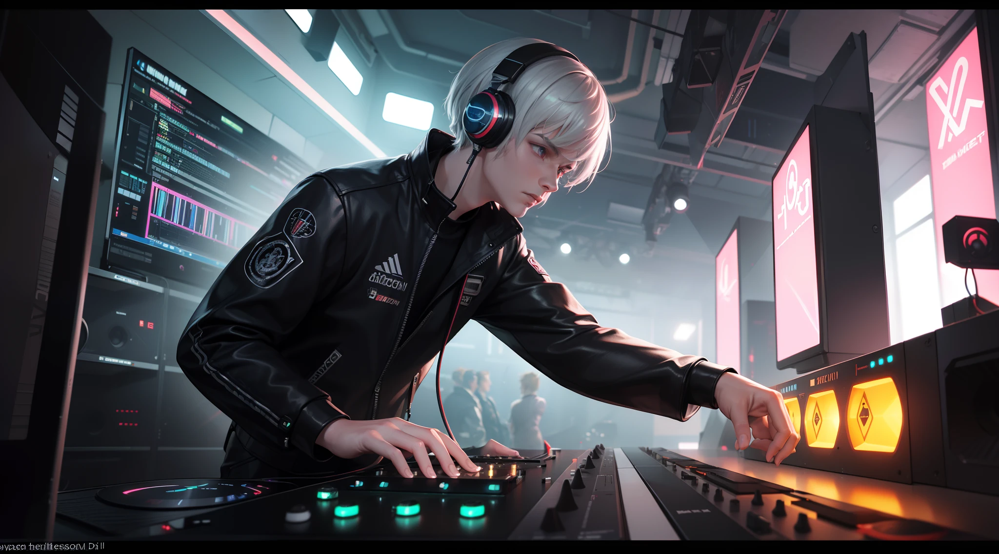 (hyperdetailed, 16k resolution, octane render, pyrotechnic),break,A male DJ wearing futuristic jacket and big silver headphones, standing in front of a dj set， focused on performing. Side semi close-up, virtual stage background. Futurist digital art