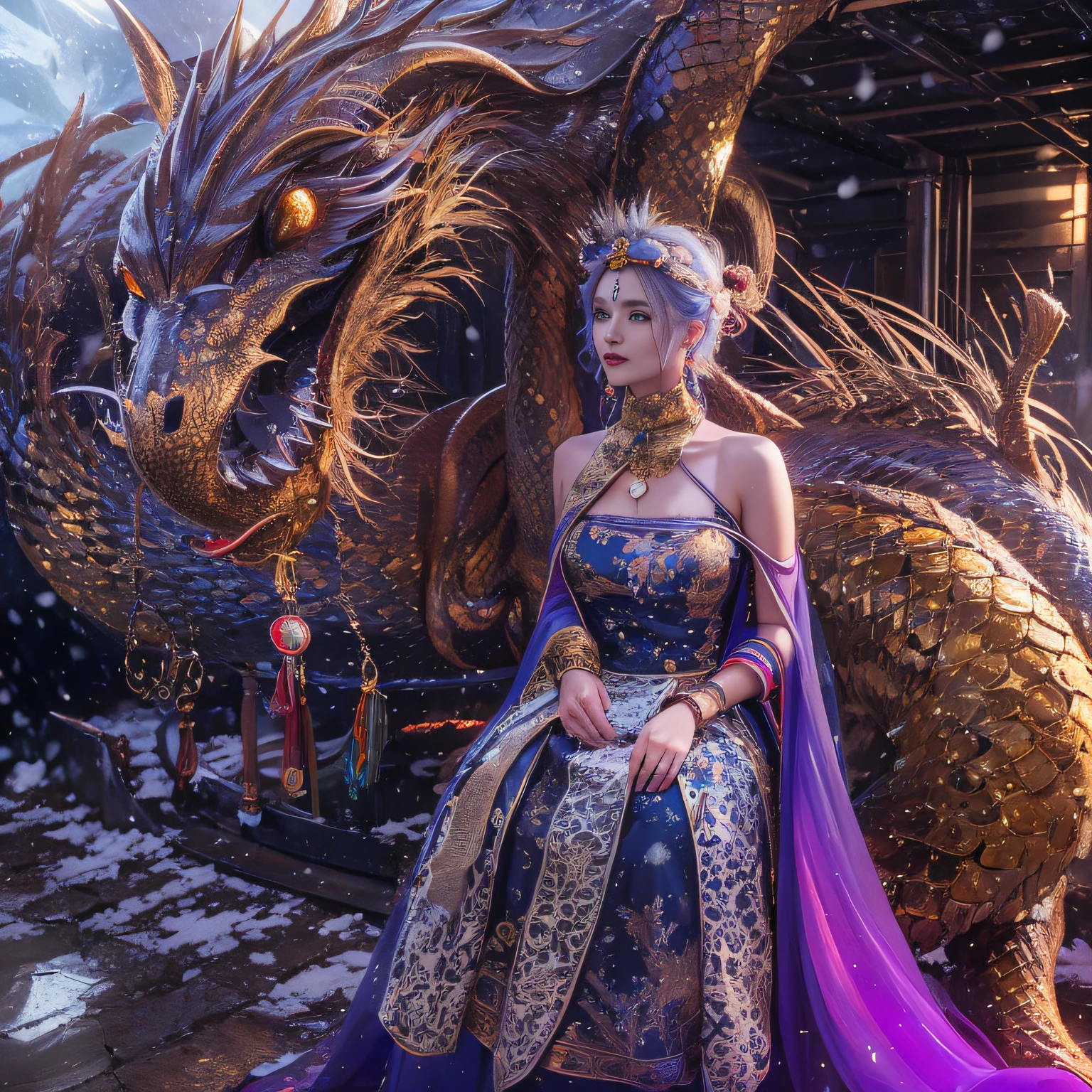 32K,（tmasterpiece，k hd，hyper HD，16k）short detailed hair，Vintage train sleeper area，Snow Circle Witch ，Two Golden Dragon Protectors （realisticlying：1.4），Python robe，Purple apron，Snowflakes fluttering，The background is pure， A high resolution， the detail， RAW photogr， Sharp Re， Nikon D850 Film Stock Photo by Jefferies Lee 4 Kodak Portra 400 Camera F1.6 shots, Rich colors, ultra-realistic vivid textures, Dramatic lighting, Unreal Engine Art Station Trend, cinestir 800，