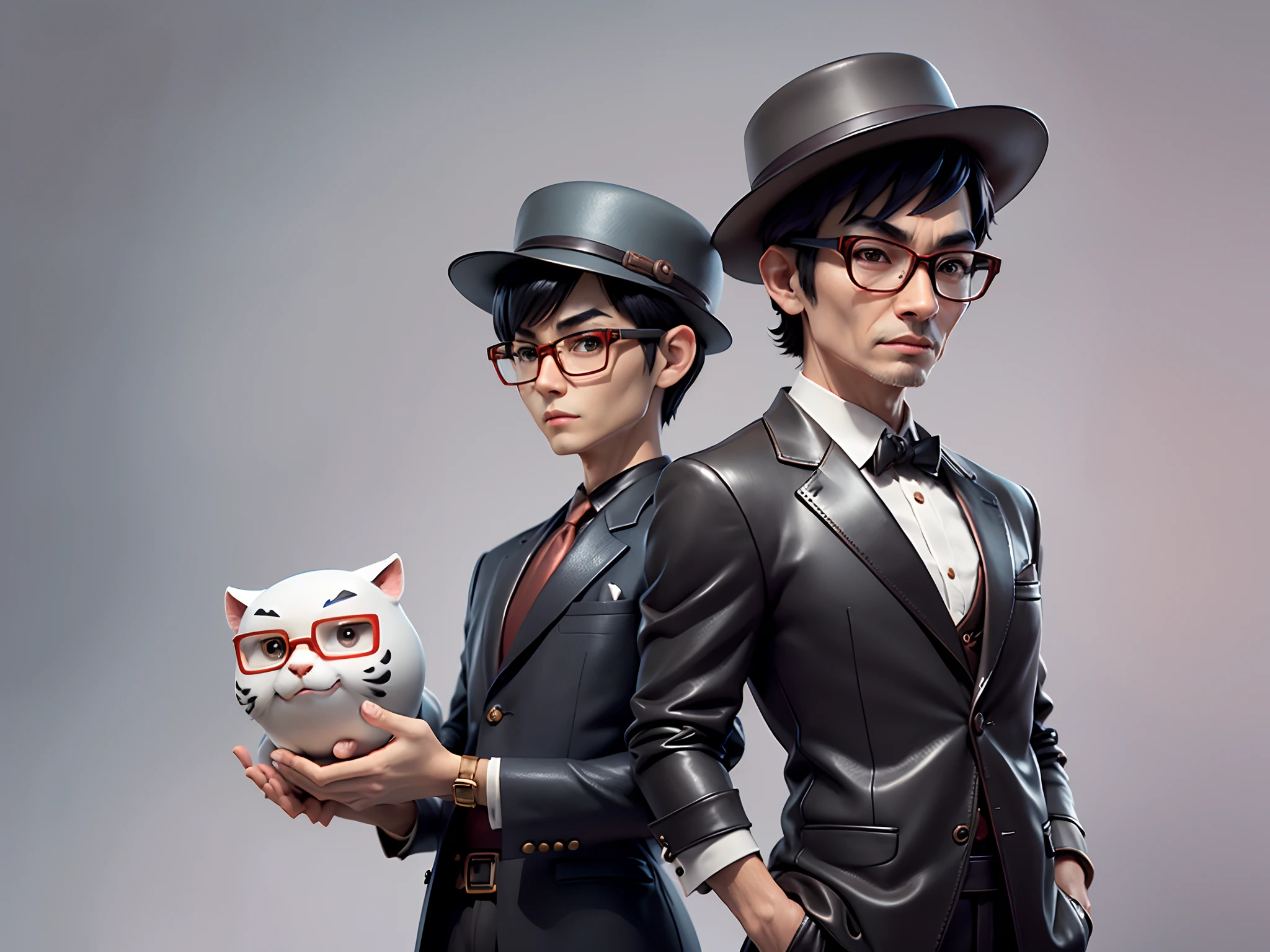 Young man with oriental face in leather hat, tiger, oriental face in formal suit, short black hair, silver glasses, digital painting, 3D character design by Mark Clairedon and Pixar and Hayao Miyazaki and Akira Toriyama, the illustration is a high-definition illustration in 4K resolution with very detailed facial features and cartoon-style visuals.