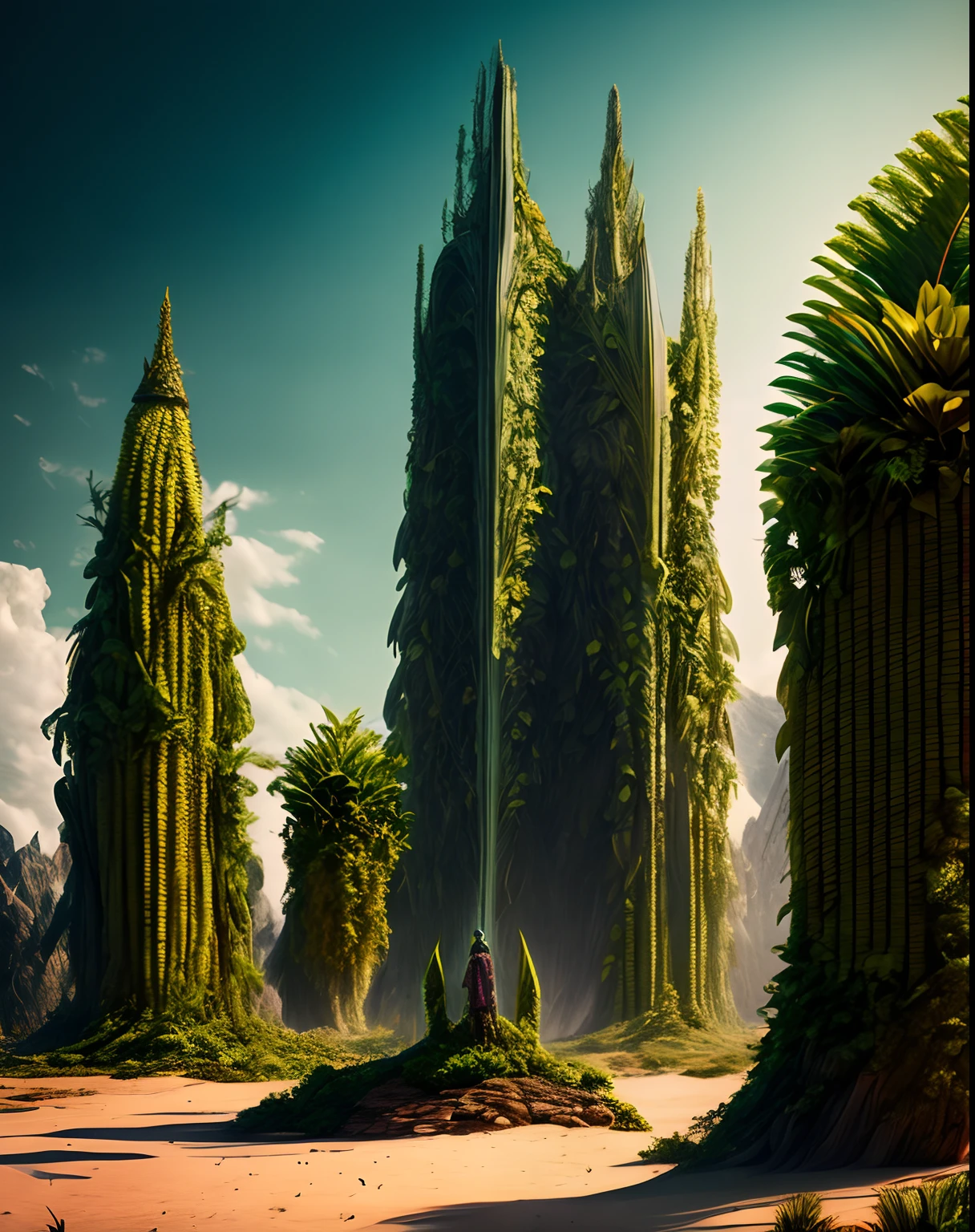 Humans in period costumes,alien worlds,Alien plants,alien monster,an alien landscape