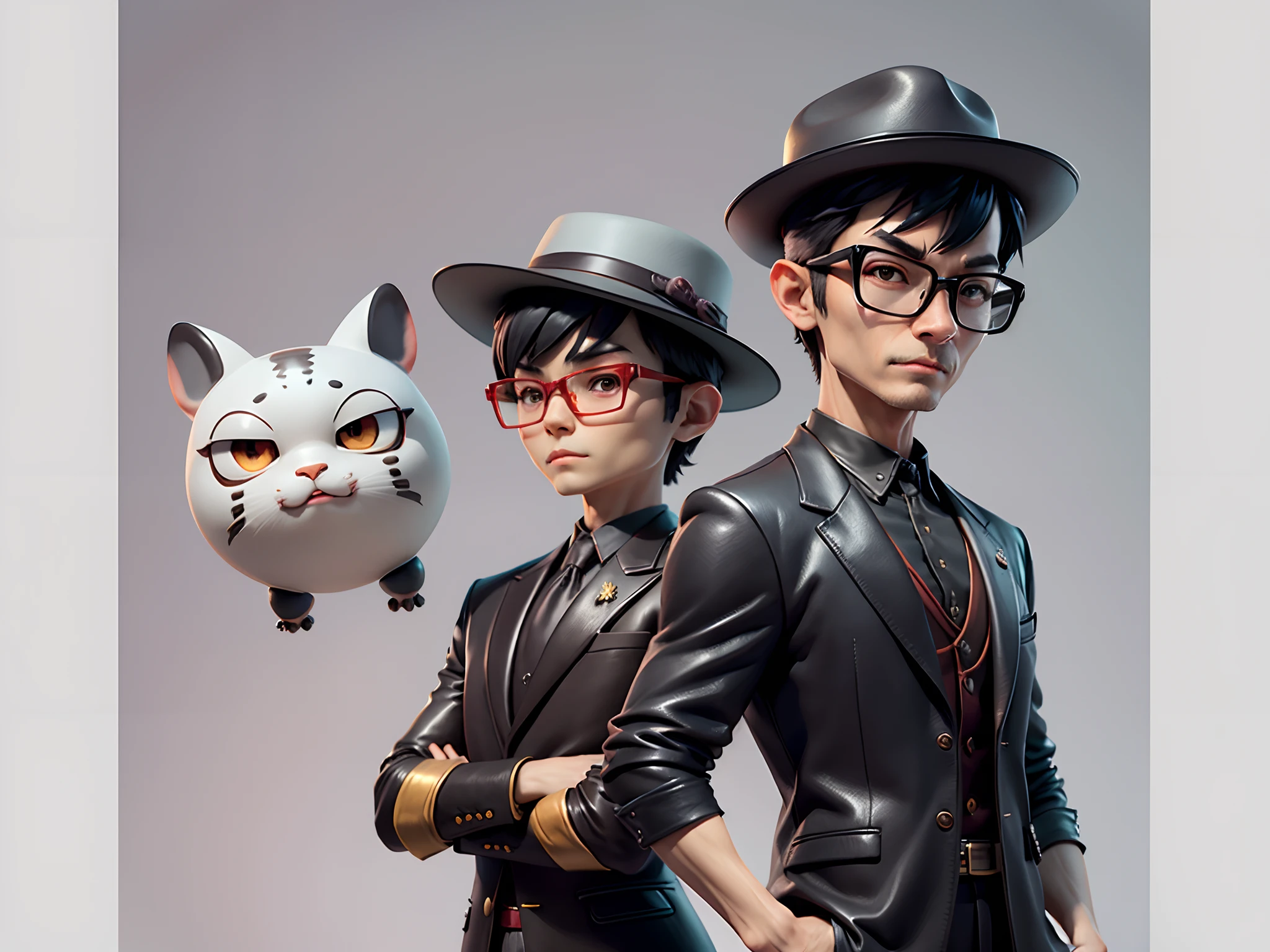 Young man with oriental face wearing leather hat wearing tiger formal suit, short black hair, silver glasses, digital painting, 3D character design by Mark Clairedon and Pixar and Hayao Miyazaki and Akira Toriyama, the illustrations are HD illustrations in 4K resolution with very detailed facial features and cartoon-style visuals.