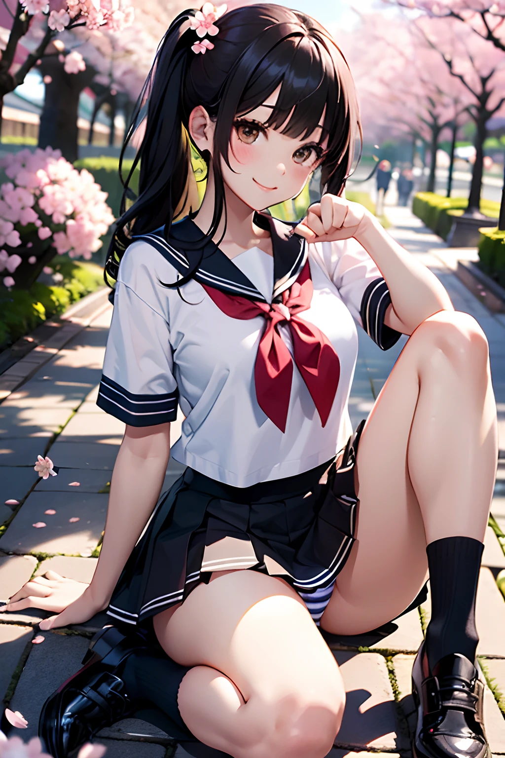 (top-quality、in 8K、32K、masterpiece、nffsw、ighly detailed、Impresionismo:1.2)、Full body, (Superb view cherry blossom garden in full bloom:1.4)、realistic shadow、beauitful face、blurry backround、18 year old beautiful girl、shinny skin, Beautiful black hair、Blunt bangs、 side poneyTail、Brown eyes、a sailor suit、pleatedskirt、Black socks、Black shoes、A smile、Striped panties、thighs thighs thighs thighs、from the front side、Opening legs、PAW Pose、