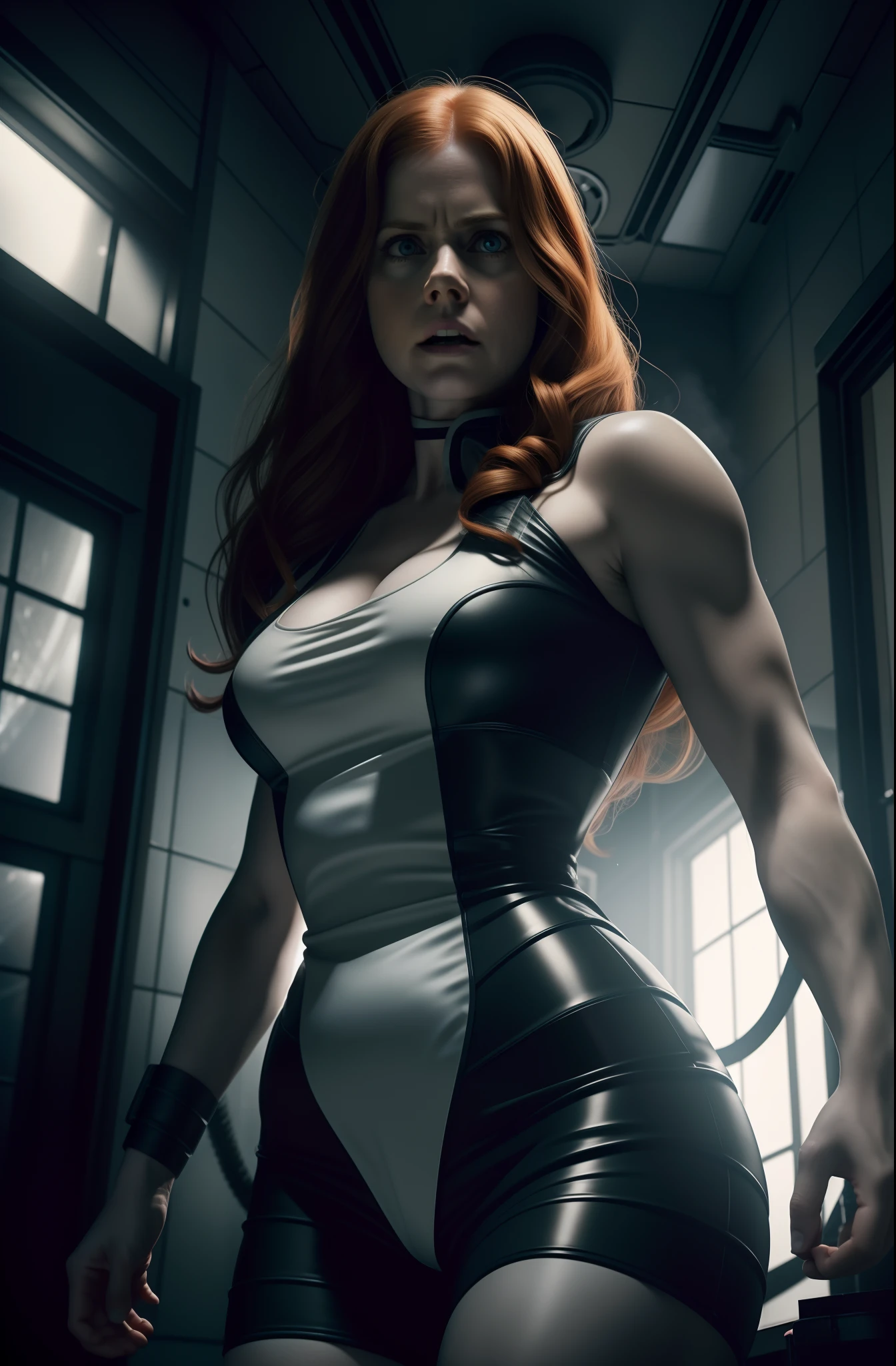 Hot terrified Amy Adams as a Scientist Hiding from deformed twisted scary slayer on Ishimura Horror Space Ship photography, natural light, photorealism, cinematic rendering, ray tracing, the highest quality, the highest detail, Cinematic, Third-Person View, Blur Effect, Long Exposure, 8K, Ultra-HD, Natural Lighting, Moody Lighting, Cinematic Lighting
