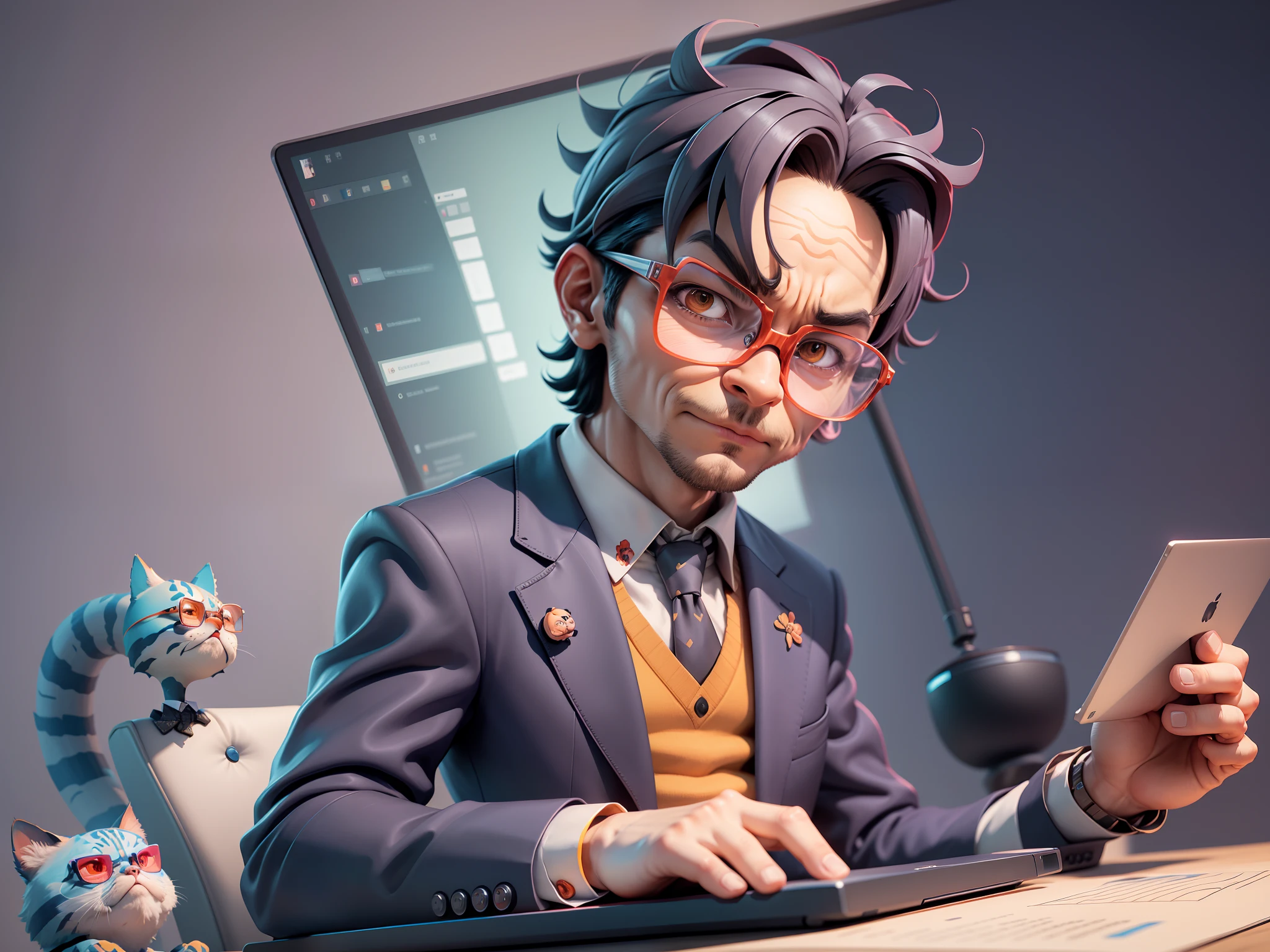 A young man in a suit, Short hair and glasses sat at his desk,holding laptop,digitial painting,tigre,3D character design by Mark Clairen and Pixar and Hayao Miyazaki and Akira Toriyama,4K HD illustration,Very detailed facial features and cartoon-style visuals。