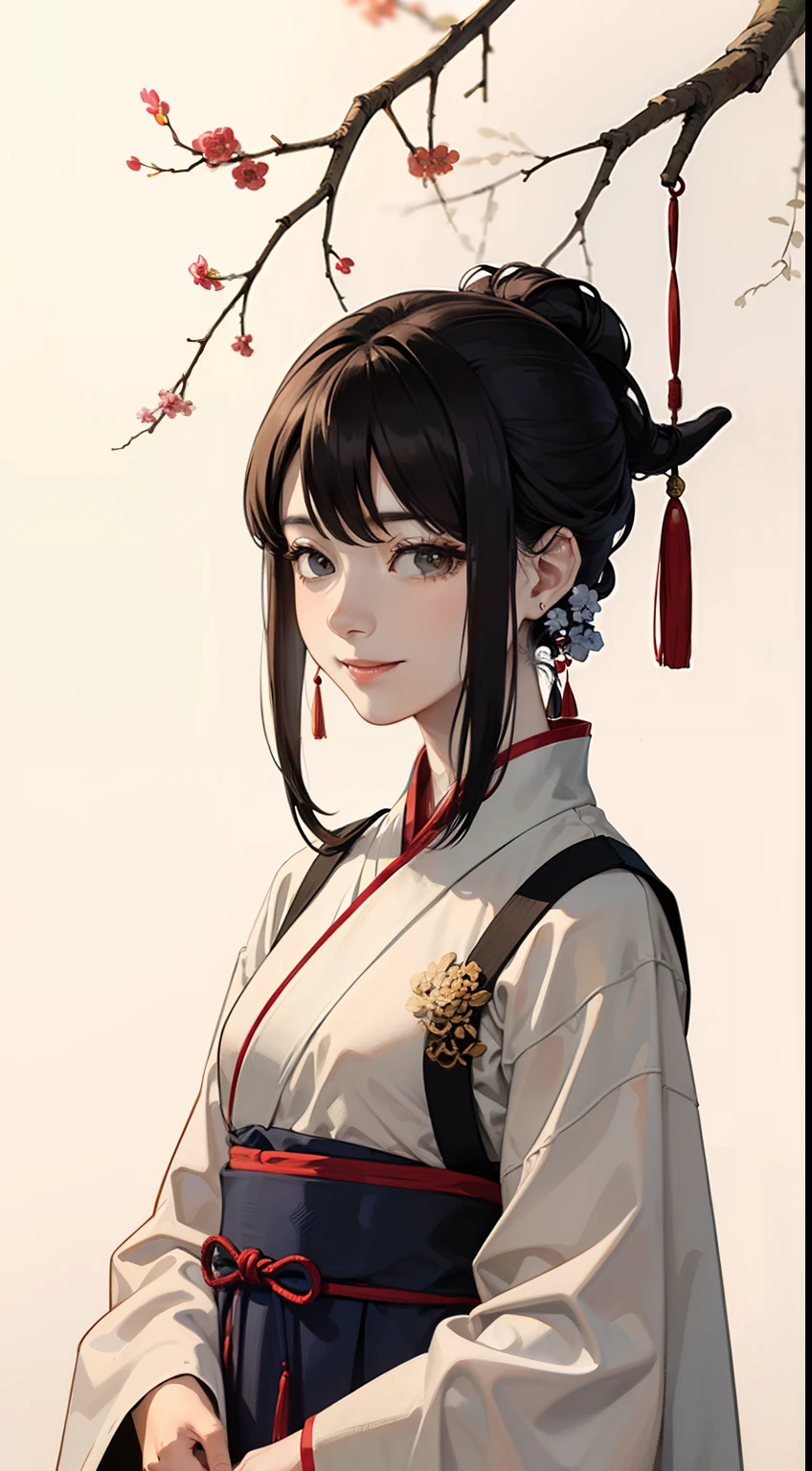 shukezouma, negative space, shuimobysim , portrait of a woman standing , willow branches, (masterpiece, best quality:1.2), traditional chinese ink painting, modelshoot style, peaceful, (smile), looking at viewer, wearing long hanfu, hanfu, song, willow tree in background, wuchangshuo,