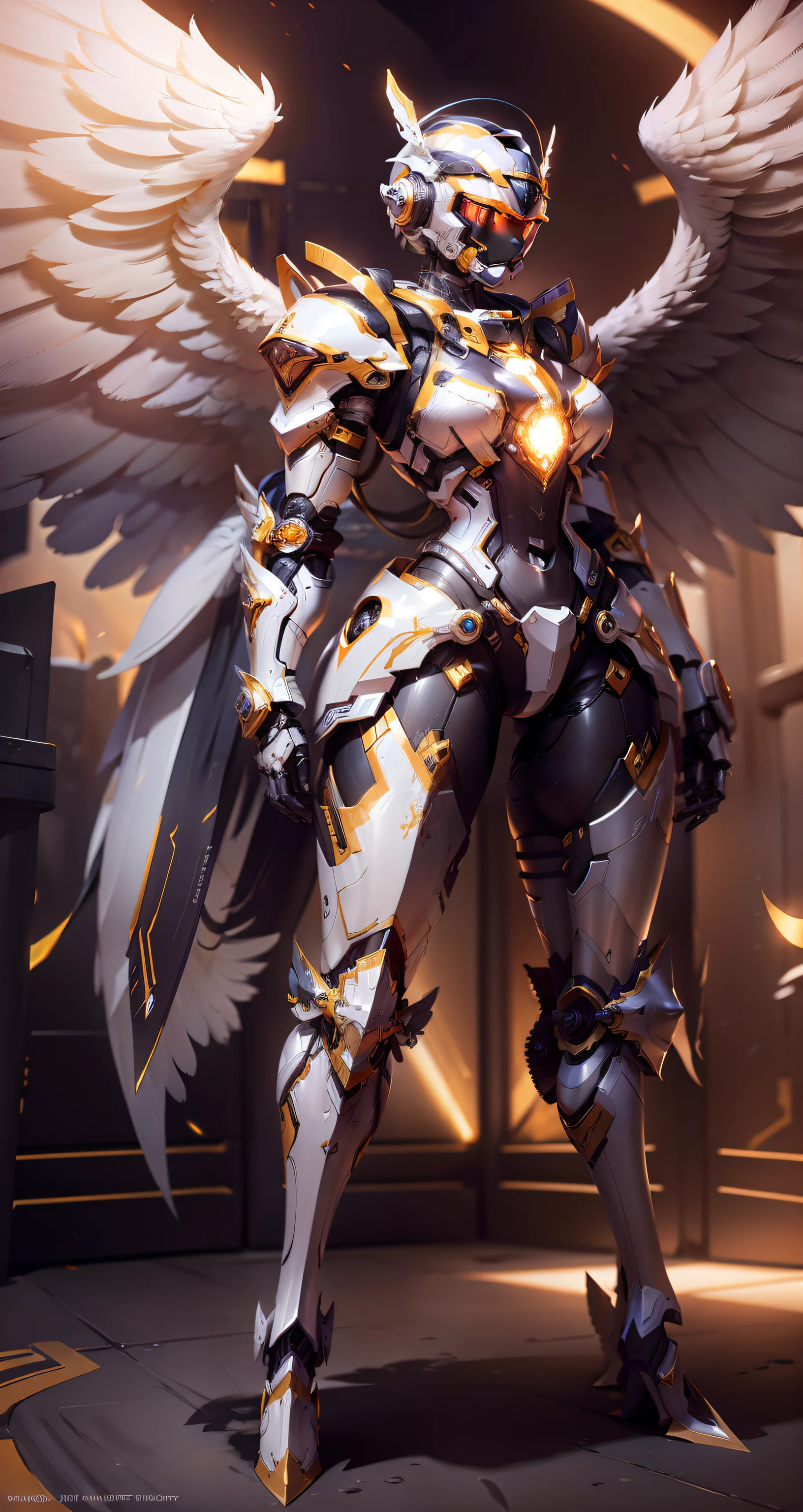 Platinum Mech Robot,Huge wings made of energy,metal halo,golden colored,Full body frontal pose,holy rays,k hd,Cinematic lighting,hyper HD,female robot,Full body mecha,helmet on,Faceless,Helmet cover face