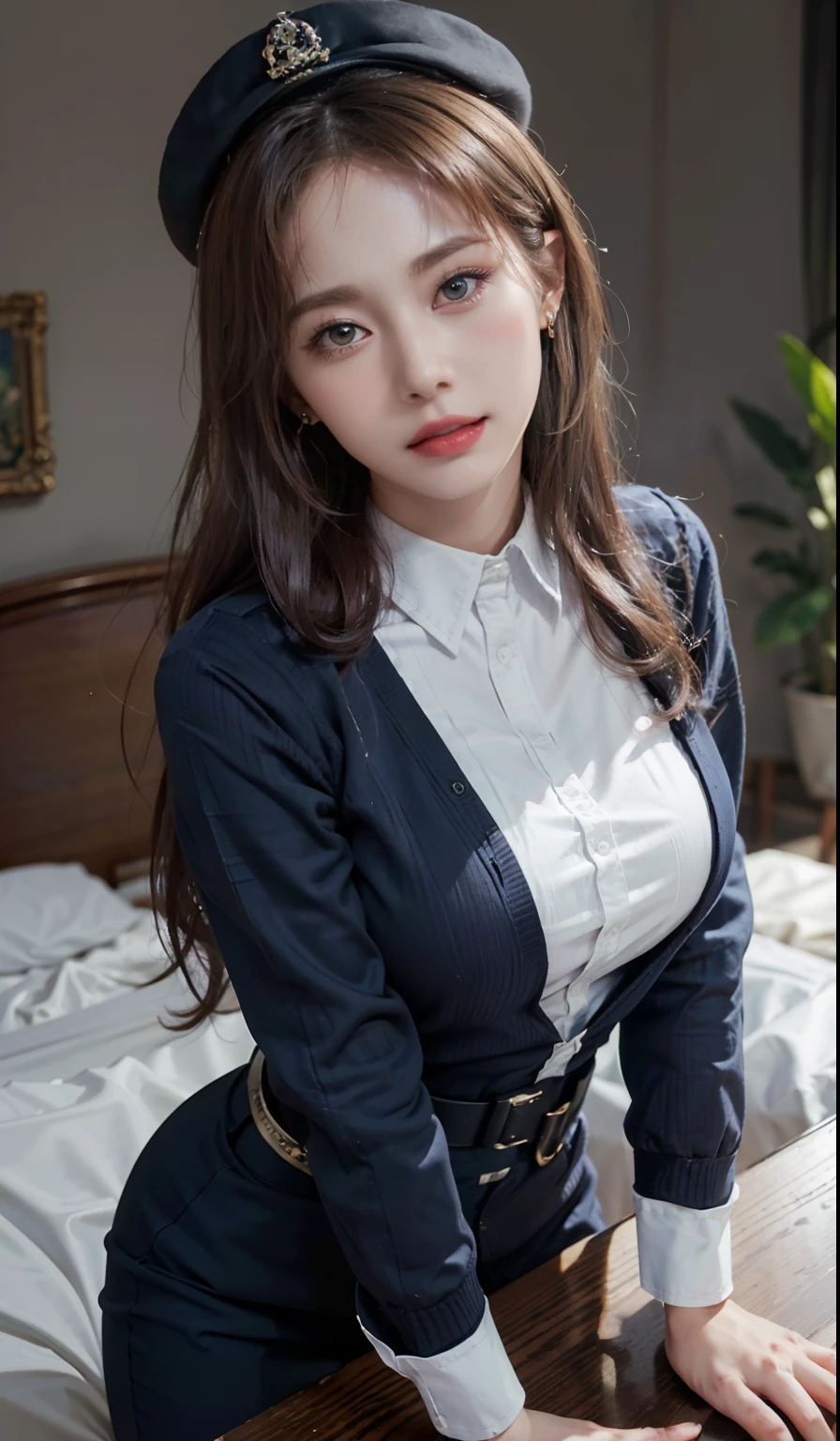 Simple background, (Wearing a policewoman uniform and hat: 1.4), Good hands, 4K, High resolution, masutepiece, Best Quality, Head: 1.3, ((Hasselblad photo)), Fine skin, Clear focus, (Cinematic lighting), Soft lighting, Dynamic Angle, [:( Detailed face: 1.2): 0.2], medium breasts, breasts, (((Inside the mansion))), (Chest exposed: 1.3), 1 girl, Jewelry, earrings, orange_skyporn, Solo, Mole, long_hair, Mole_Under_eye, The upper part of the body_Body, greys_Eyes, up looking_で_viewer,, Brunet, Fashion, (Head tilt: 1.4), appearance々Scenery