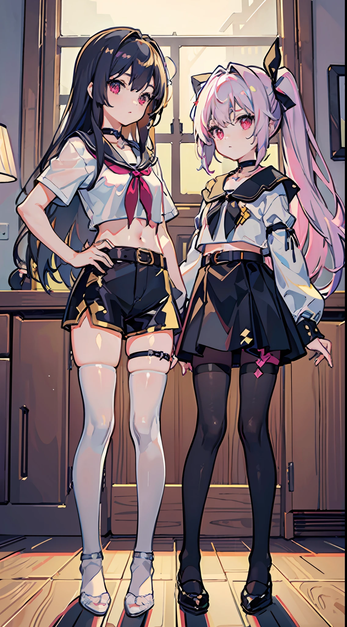 ,twins, Masterpiece,Best quality,offcial art,Extremely detailed Cg Unity 8K wallpaper, 2girls, cute female , Yuri, hair adornments, Short shorts, Crop top, Pantyhose, ribbon_choker necklace, leg belt,