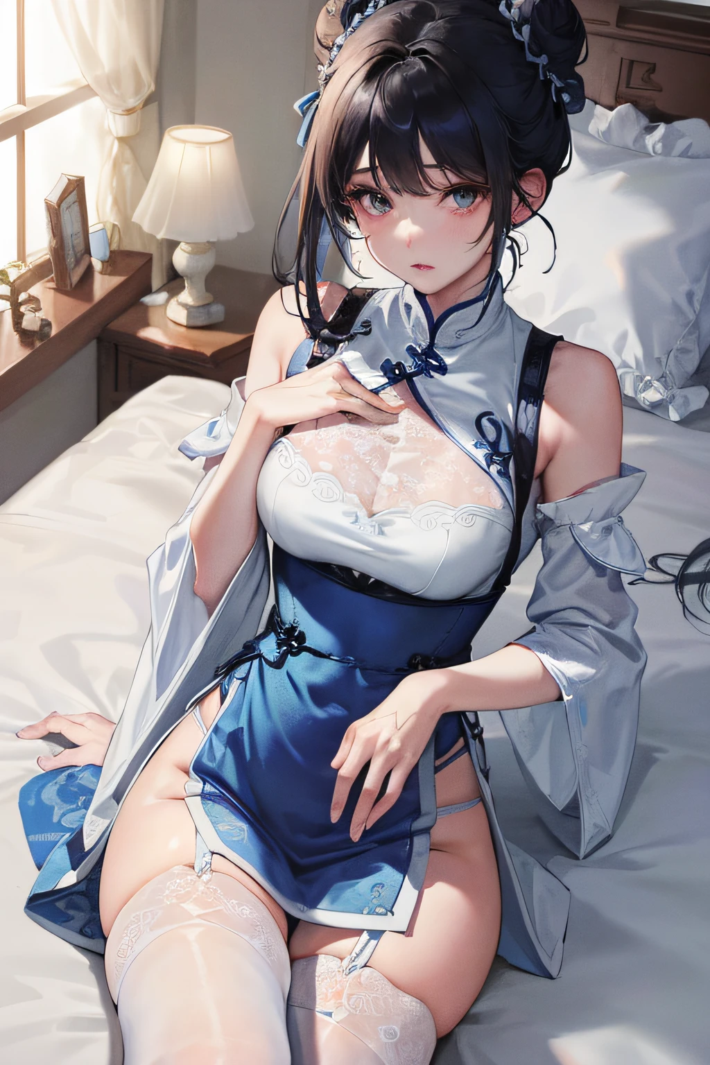 tmasterpiece、Need、1female、blue clothes、Blue cheongsam、Ancient style China、 White cloth bun bun bun、Black hair、Leaky shoulders、The chest is large、The legs are slender、White suspender tights、Tights lace trim、White panties、Embroidered clothes、Face away from the camera、get down on the bed， your ass