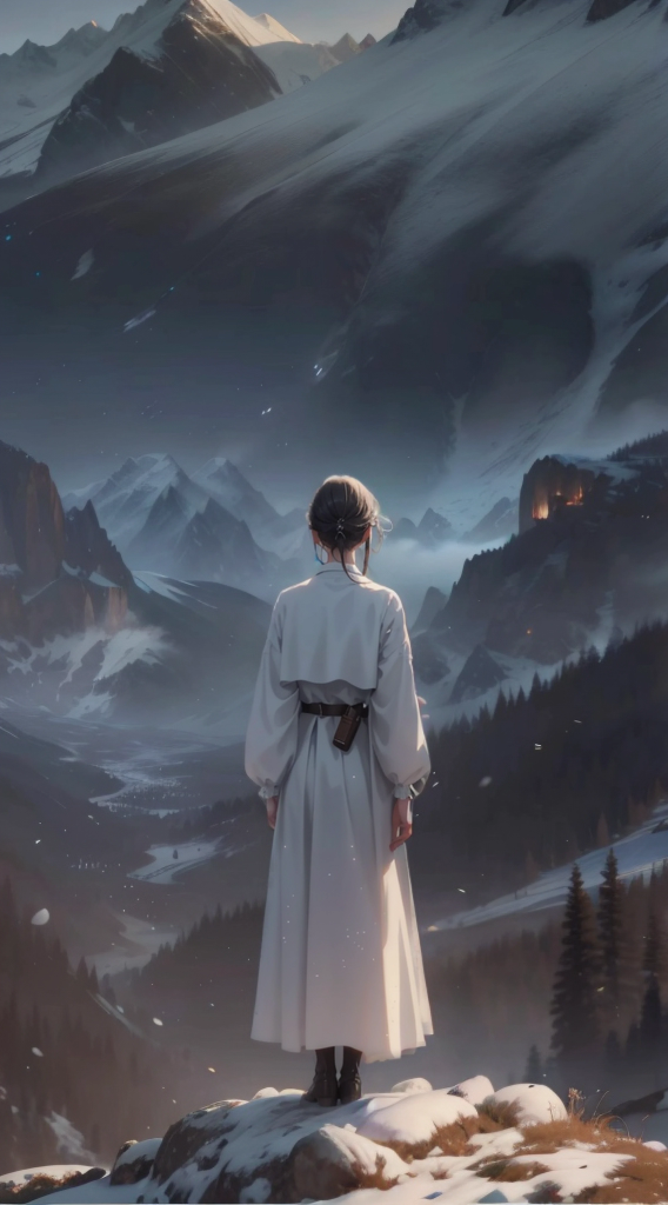 There was a woman standing on the mountain looking at the mountain, 8K,Amazing artwork, Guviz-style artwork, elegant cinematic fantasy art, jessica rossier fantasy art, emotional concept art, 4k highly detailed digital art, inspired by Jakub Schikaneder, 8k resolution digital painting, 8 k resolution digital painting, Beautiful digital artwork,White clothes White skirt,Clear hands,hair flowing,There is a gray texture on the skirt