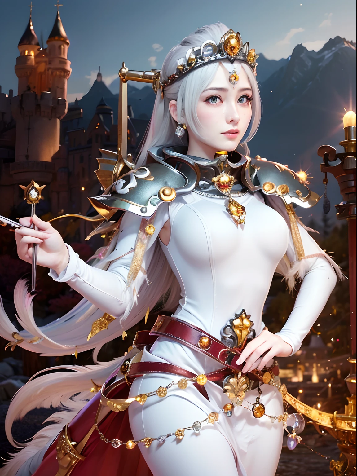 (masutepiece), Professional , masterpiece、top-quality、photos realistic , depth of fields (Gemstone Silver Metal Body:1.9),(Matte White、Jewel Gold Weapon、(Gorgeous castle background)、(ultimate beauty girl)、(Fairy feathers grow on her back)、(Jewel Metal Body:1.9),Gorgeous Jewel Metal Weapons , Detailed Sword of the Brave ,( Tears from the eyes) ,warhammer 40k , adepta sororitas,Detail and ornate jewel crown、独奏、Brown hair、(Gangle's forest background)、Beautiful Caucasian beauty、1a person、dynamic ungle,(((Diamond tiara with detail and luxury)))、a small face、Powerful poses、(Gorgeous castle background)、huge filesize、20 year old beautiful woman、Stand in the center of the screen、Thin female fingers、Straight long hair、Beautiful Caucasian beauty、