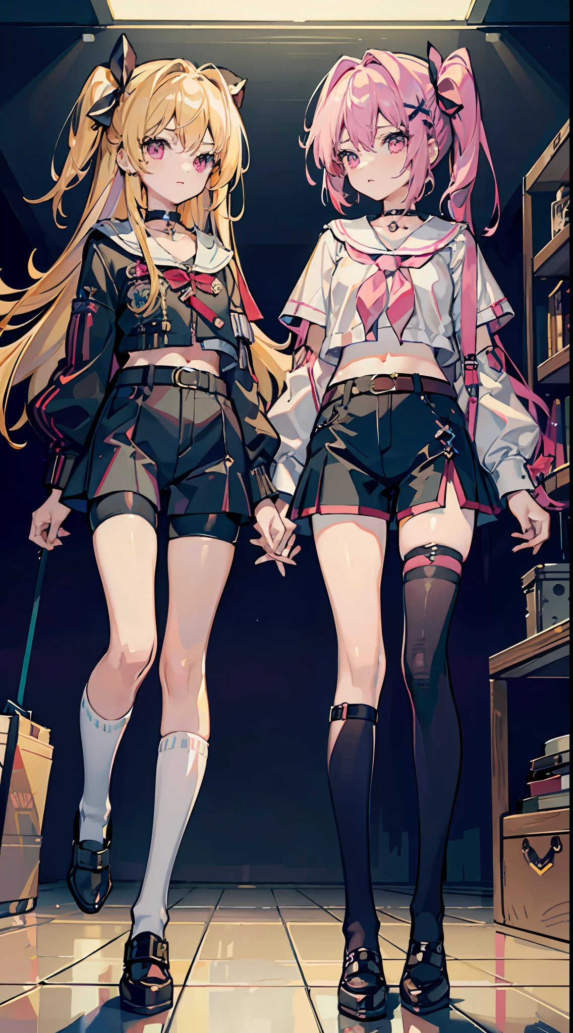 ,twins, Masterpiece,Best quality,offcial art,Extremely detailed Cg Unity 8K wallpaper, 2girls, cute female child, Yuri, hair adornments, Short shorts, Crop top, Pantyhose, ribbon_choker necklace, leg belt,