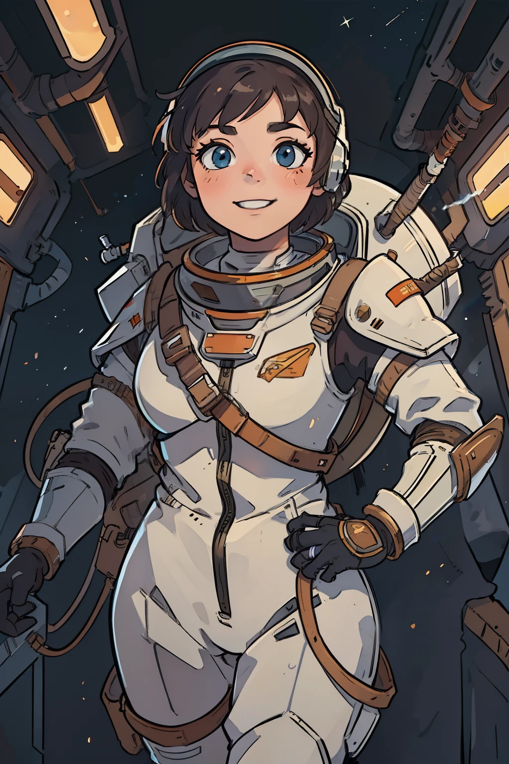 professional artwork, detailed eyes, beautiful eyes, beautiful face, flawless face, gorgeous face, smooth features, blush, short hair, beautifully detailed background, adventurous astronaut knight in armored space suit holding glowing sword made of light, space suit looks like knight armor, space suit, thick heavy space suit, environment suit, hoses and tubes on suit, dials and switches, space suit backpack, nasa, nasa punk, nasapunk, astronaut, astronaut suit, cosmonaut, medieval knight, knight armor, leather armor and metal armor, mechanical background, sci fi, science fiction, futuristic, fantasy armor, full plate armor, medieval armor, knight helmet, knight visor, grilled faceplate, large helmet, big helmet, heavy collar, vacuum seal ring around neck, life support systems, rustic material, heavy stitching, thick leathers, armored breastplate, armored chest, leather gloves, rustic craftsmanship, adventurous, adventure, cute, smiling, shoulder pads, armor, white and orange outfit, heraldry, sides of head is shaved, cropped haircut, helmet on head, cassette futurism, gloved hands, bulky space suit, bulky suit