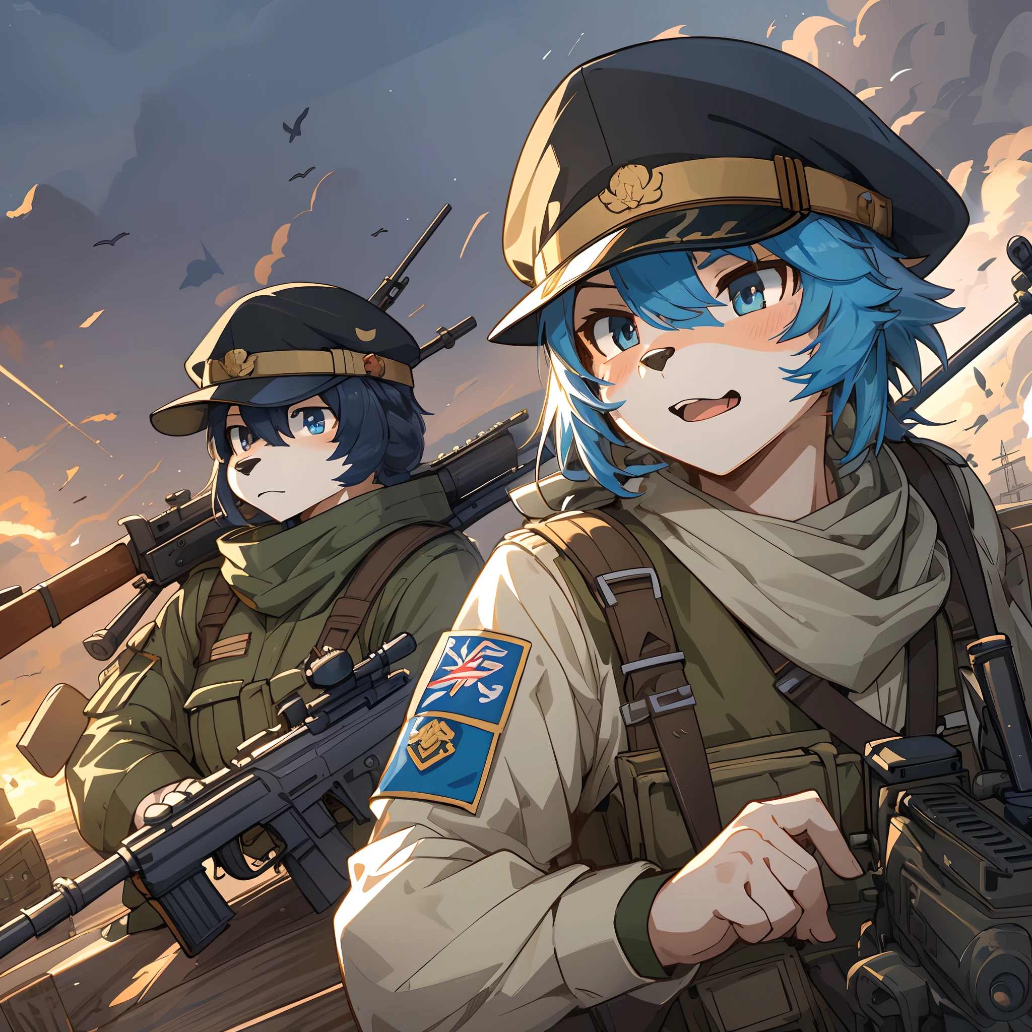 top quality, best quality, High-quality illustrations, masterpiece, super high resolution, detailed background, Military Headquarters, Maritime Self-Defense Force, rifle, sniper, battlefield, 6+boys, 6+girls, absurdres(highly detailed beautiful face and eyes)perfect anatomy, expression, good lighting, cinematic shadow(kemono, furry anthro)assorted poses, dynamic angle,