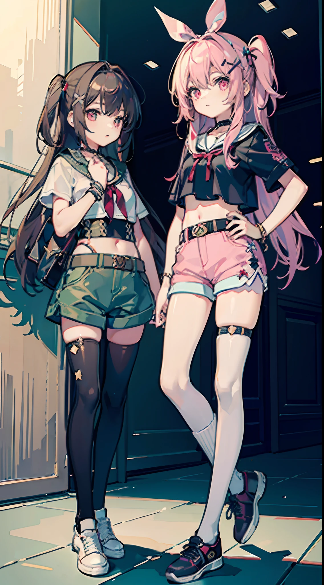 ,twins, Masterpiece,Best quality,offcial art,Extremely detailed Cg Unity 8K wallpaper, 2girls, cute female , Yuri, hair adornments, Short shorts, Crop top, Pantyhose, ribbon_choker necklace, leg belt,