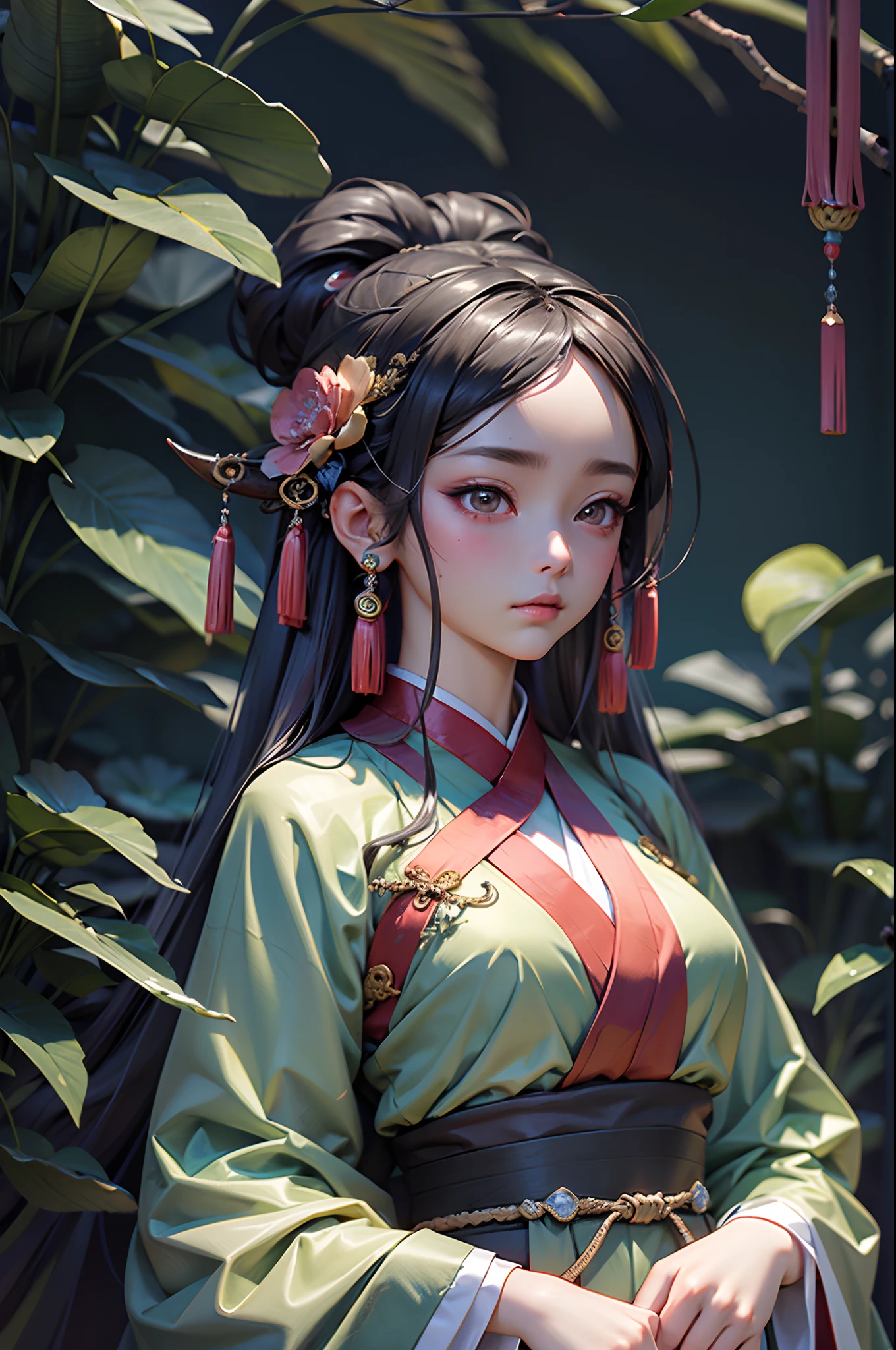 Masterpiece, highest quality, official art, 8k wallpaper, RAWE extreme detail, illustration, 1 woman, Lin Daiyu, Hanfu, melancholy eyes