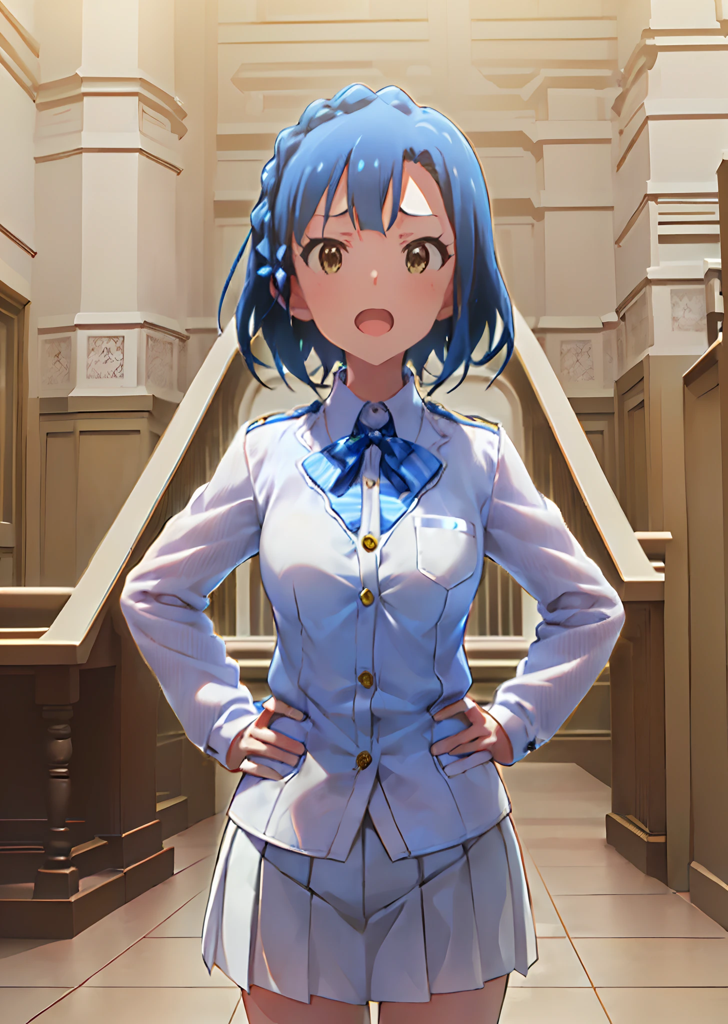 yuriko nanao (million live). Short stature. (((white t-shirts))).(((Skirt))).(((masterpiece))).(((best quality))).((Ultra-detailed))).(((illustratio))). (((put hands on the hip))).(((a room))).(((make a fist))).(((up chest))).Despair face.(((short-hair))).((big breasts)).((Opening Mouth)).