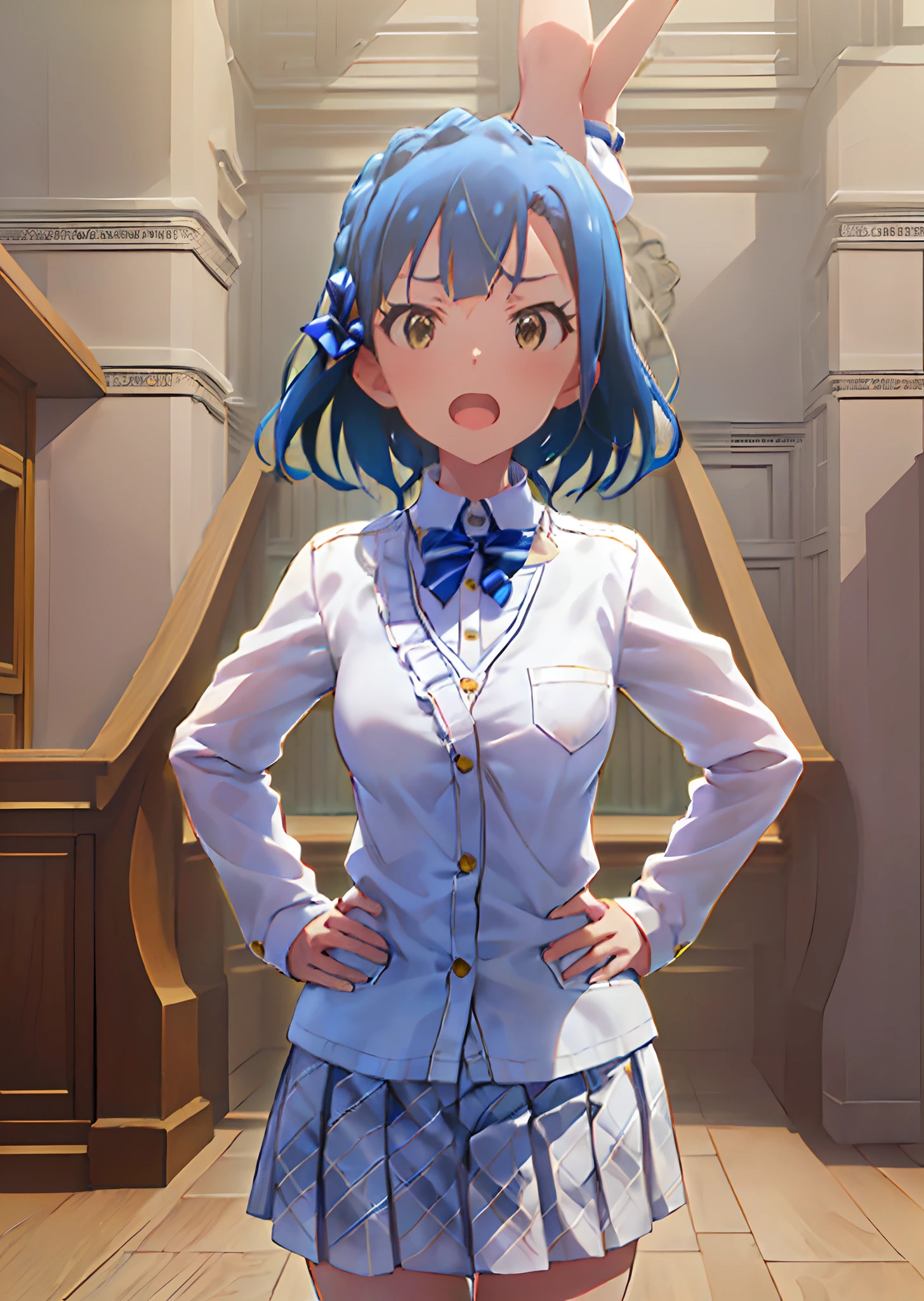 yuriko nanao (million live). Short stature. (((white t-shirts))).(((Skirt))).(((masterpiece))).(((best quality))).((Ultra-detailed))).(((illustratio))). (((fighting stance))).(((a room))).(((make a fist))).(((up chest))).Despair face.(((short-hair))).((Medium chest)).((Opening Mouth)).