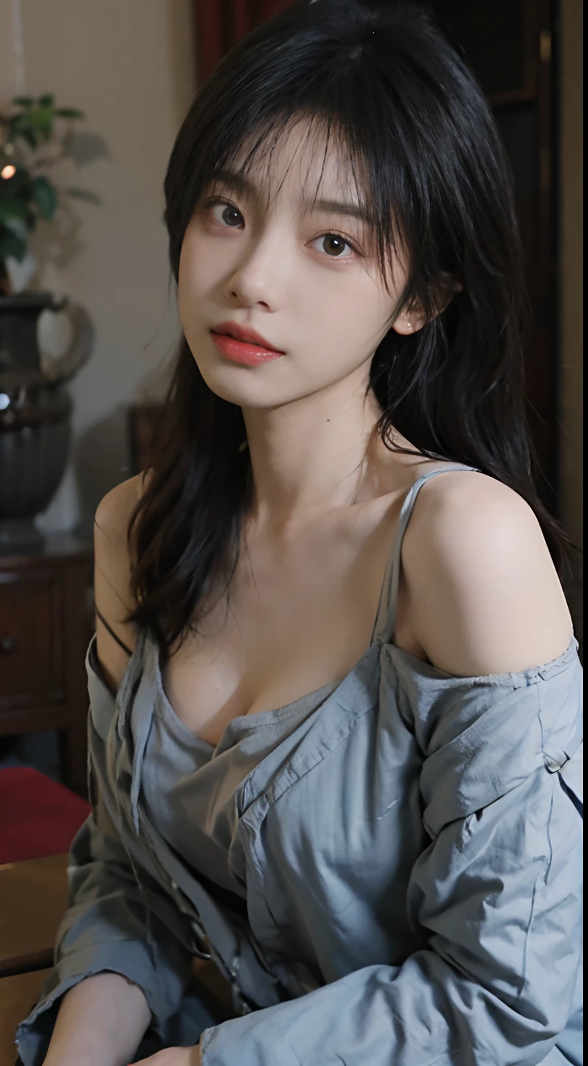 Film portrait photography, 1 girl, bare shoulders, Shoulder length wavy hair, serene, calm, (Realistic and detailed eyes, natural skin texture, Realistic facial details), Soft dramatic lighting, depth of field, Bokeh,cleavage， Vibrant details, Detailed and detailed, Surrealism, 35mm film, hazy, ,