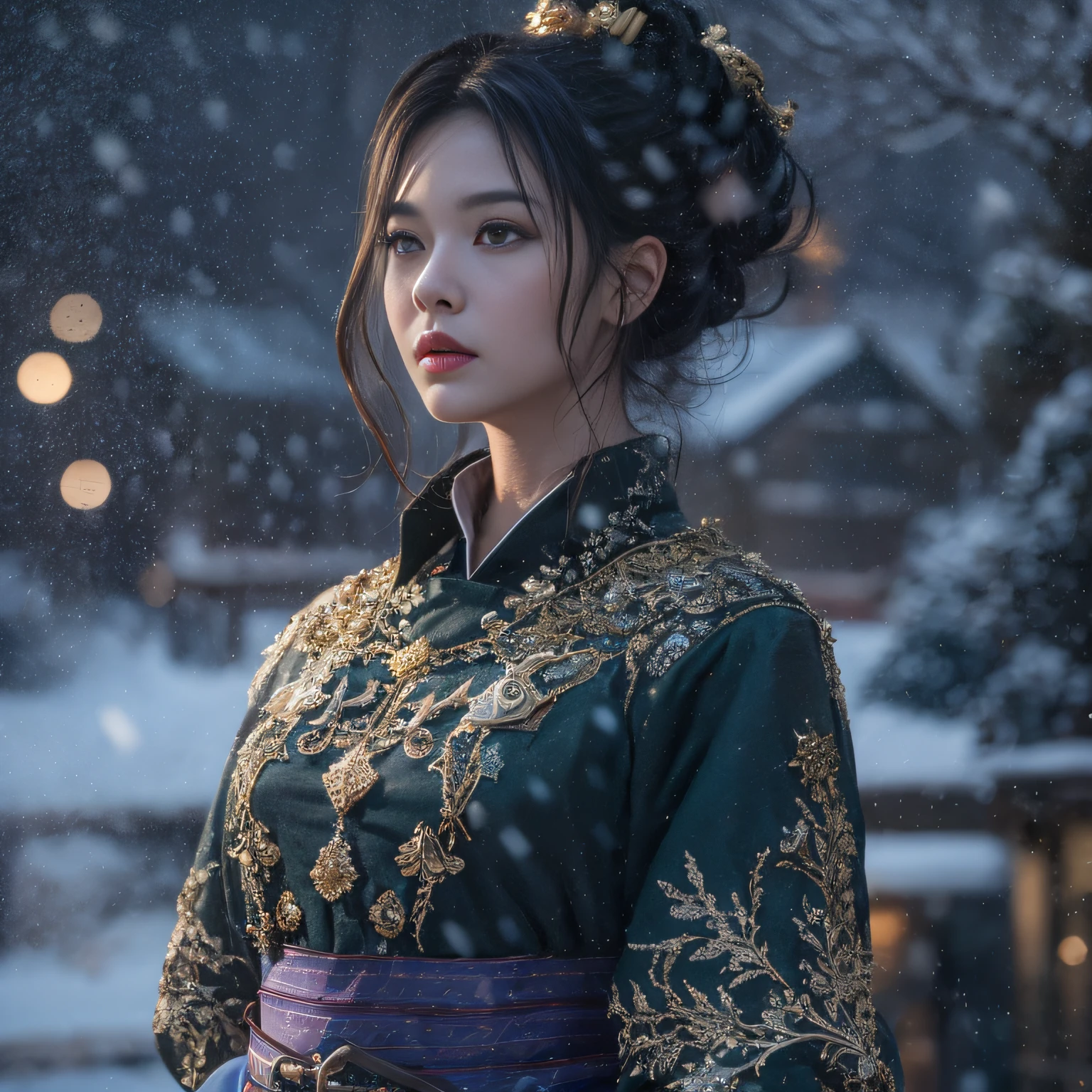 32K,（tmasterpiece，k hd，hyper HD，16k）Black ball hair
，Vintage train sleeper area，Snow Circle Witch ，Two Golden Dragon Protectors （realisticlying：1.4），Python robe，Purple apron，Snowflakes fluttering，The background is pure， A high resolution， the detail， RAW photogr， Sharp Re， Nikon D850 Film Stock Photo by Jefferies Lee 4 Kodak Portra 400 Camera F1.6 shots, Rich colors, ultra-realistic vivid textures, Dramatic lighting, Unreal Engine Art Station Trend, cinestir 800，