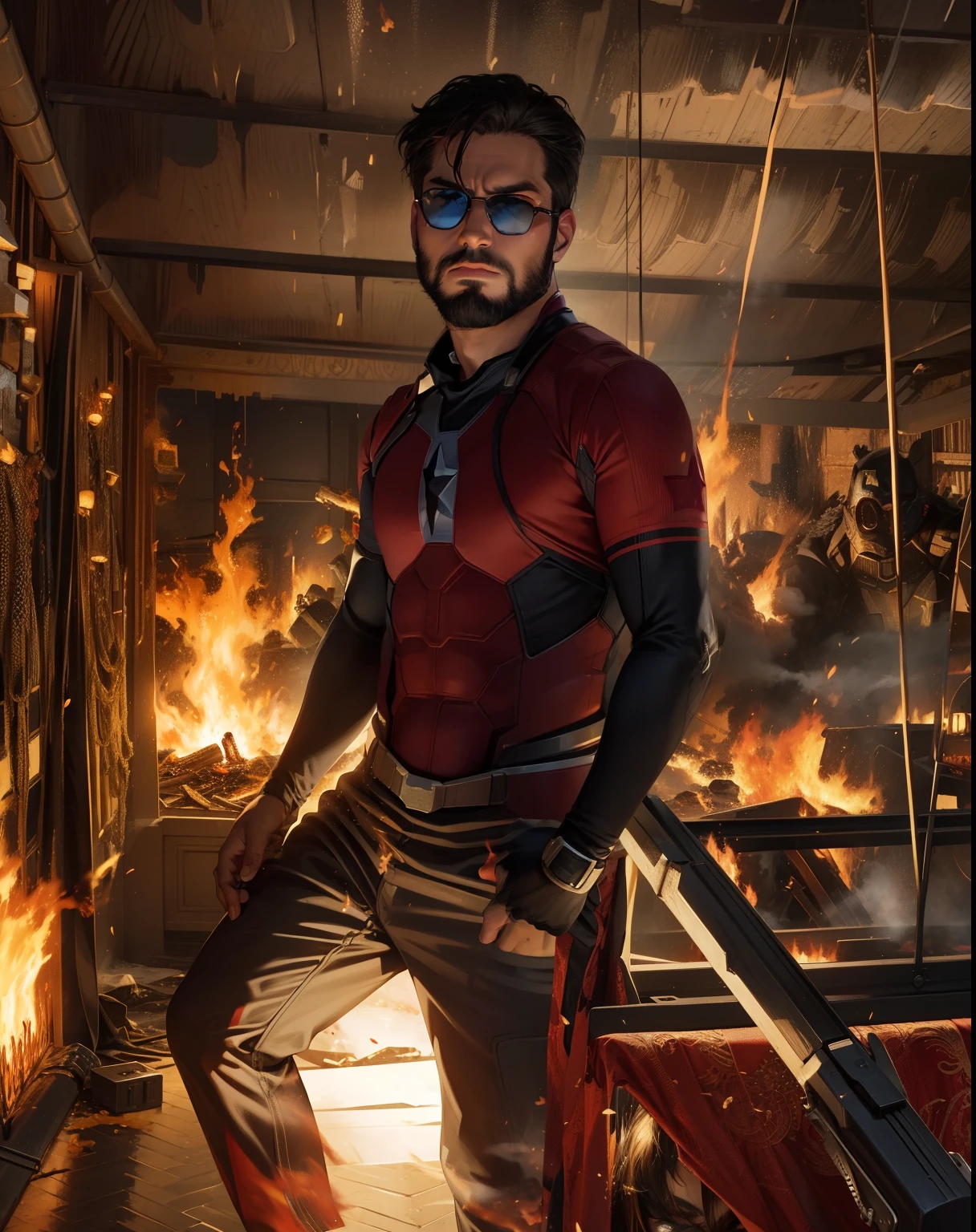 Change background, Handsome, realistic, animated with realistic face, change dress by captain America suit, burning suit, firing background, black beard, dark sunglass, long hair, burning dress, fire all over the house