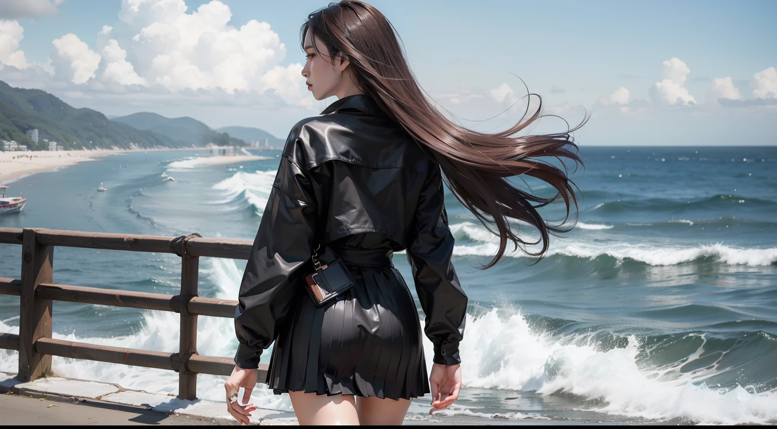(realisitic,Photorealsitic:1.4),(Woman with camera from behind:1.3),Detailed shiny skin,A detailed eye,Precise hands and fingers,8K HDR, , masterpiece, (Dynamic Angle Video),电影灯光, Finely drawn backgrounds,(The dim,dramatic lighting,No sunlight,near the ocean),Work clothes,colourful hair,seaside,fascinating butt,waist line,Hair, clothes and skirt swaying in the wind,