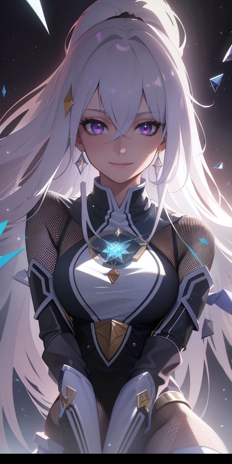 Highest image quality，16：9, (masterpiece, best quality, ultra-detailed, best shadow), (detailed background,dark fantasy), (beautiful detailed face), high contrast, (best illumination, an extremely delicate and beautiful), ((cinematic light)), colorful, hyper detail, dramatic light, intricate details, (1girl, solo,white hair, sharp face,purple eyes, hair between eyes,dynamic angle), swirling black light around the character, depth of field,black light particles,(broken glass),magic circle, superhero , full body, holding magical staff, woman, happy, smile, look in front, tall, wearing boots, adult, woman,