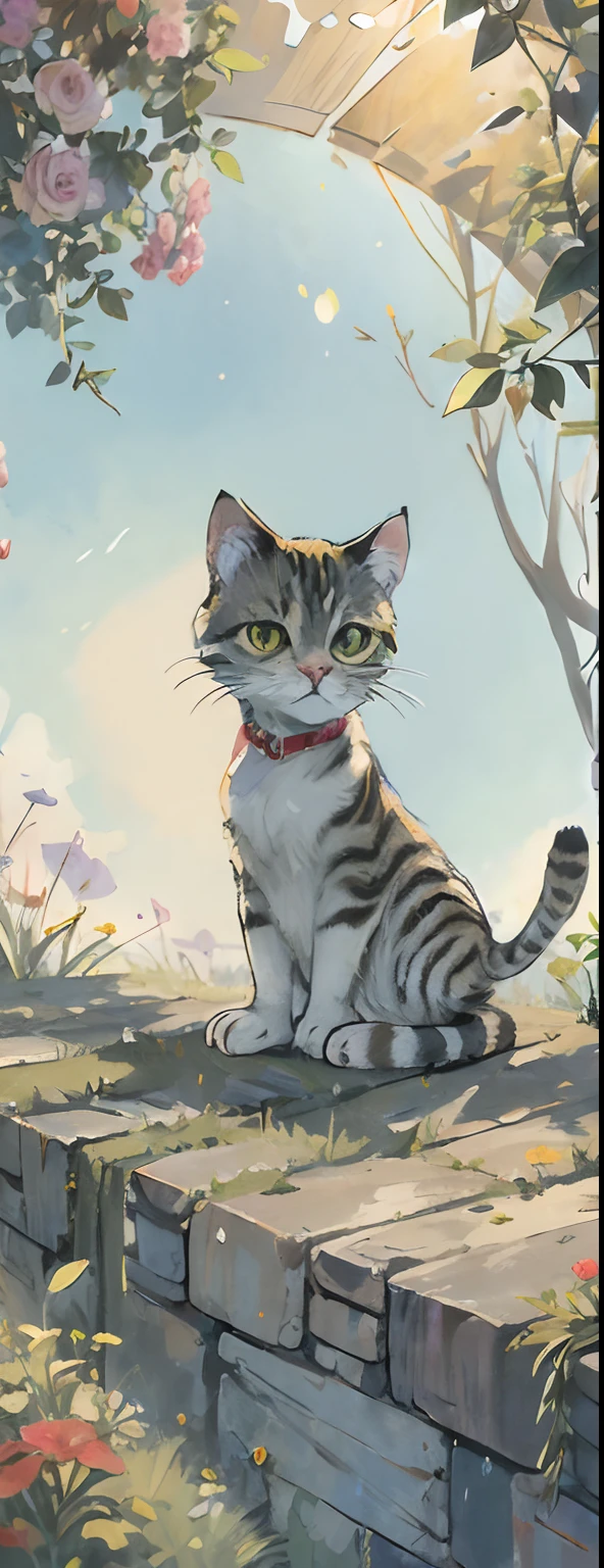 "(Ultra resolution 8K, obra maestra, calidad superior, adorable gatito jugando con las flores)"