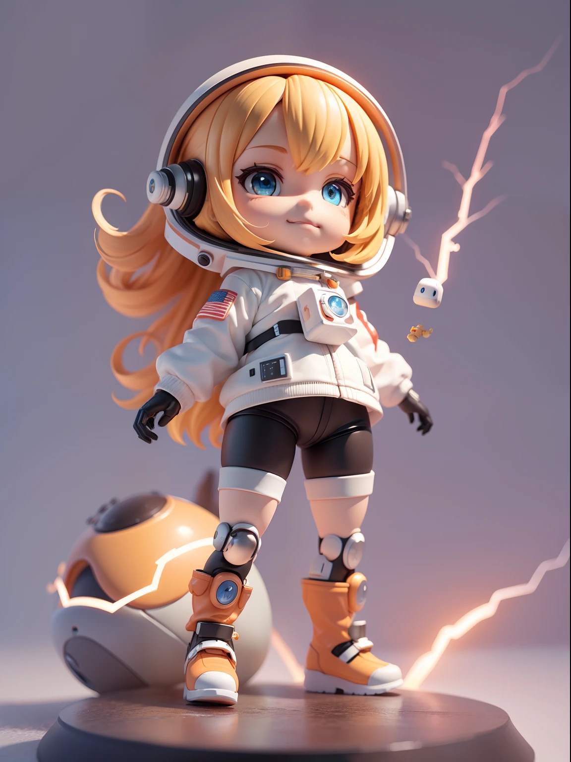 Cute girl ride on spaceship, Smile and cute pose ,Orange and white color, (Cute Astronaut: 1.331), Cute Style, Small, Big Head, 3D Rendering, ((Q Version)), Pokémon style, Machine Style, Cinematic Texture, Figures, Pokémon, Movie Lights, Heavy Robotic Arm, Mechanical Belly, Mechanical Legs, Mechanical Legs, Mechanical Sense, Spinning, Colorful Lightning, Lightning, Cool, Clean White Background, Ray Tracing, Premium Colors, Full Body 3D Model, Action, Stylish Blind Box Toys. (fill body:1.2),chibi