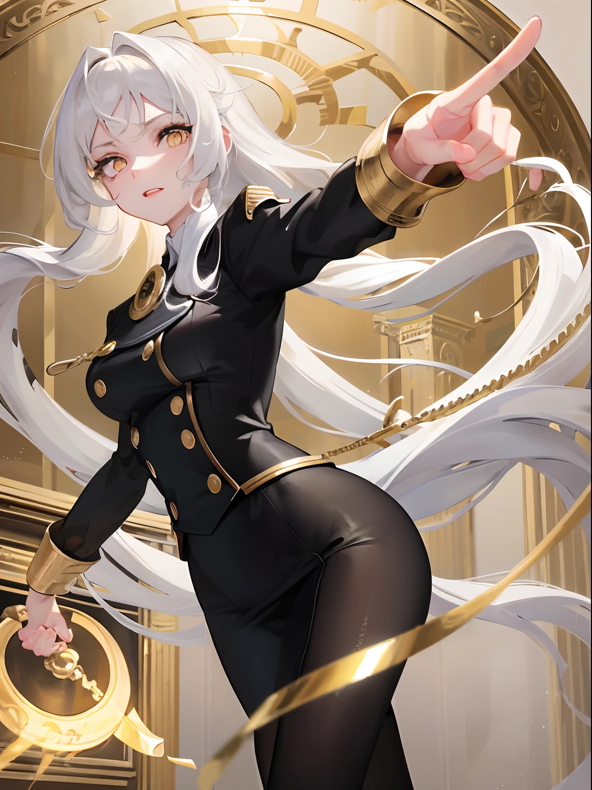 1woman, white long wavy hair, swept bangs, ((golden eyes)), lawyer outfit, court background, pointing at the viewer, objection!, determined face
