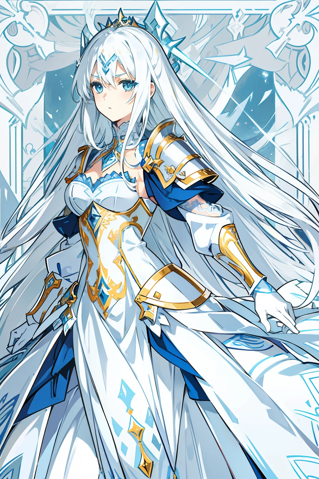 Anime characters,Beautiful white hair that is extra-long,blue color eyes,White eyebrows,A princess dress with white blue lace underneath,Close-fitting metal armor with gold pattern,Exposing the abdomen,Beautiful, elegant and noble facial features,adolable,No bad pictures