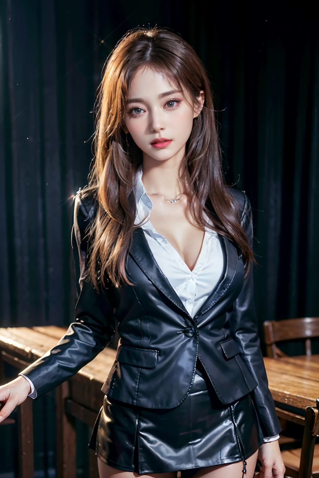 best quality, masterpiece, 1girl, Beautiful face, (photo realistic:1.3), rim lighting, (high detailed skin:1.2), 8k uhd, dslr, high quality, high resolution, 4k, 8k, Bokeh, absurdres, best ratio four finger and one thumb, (realistic:1.3), cute 1girl, wearing black formal blazer, medium breasts, short skirt,