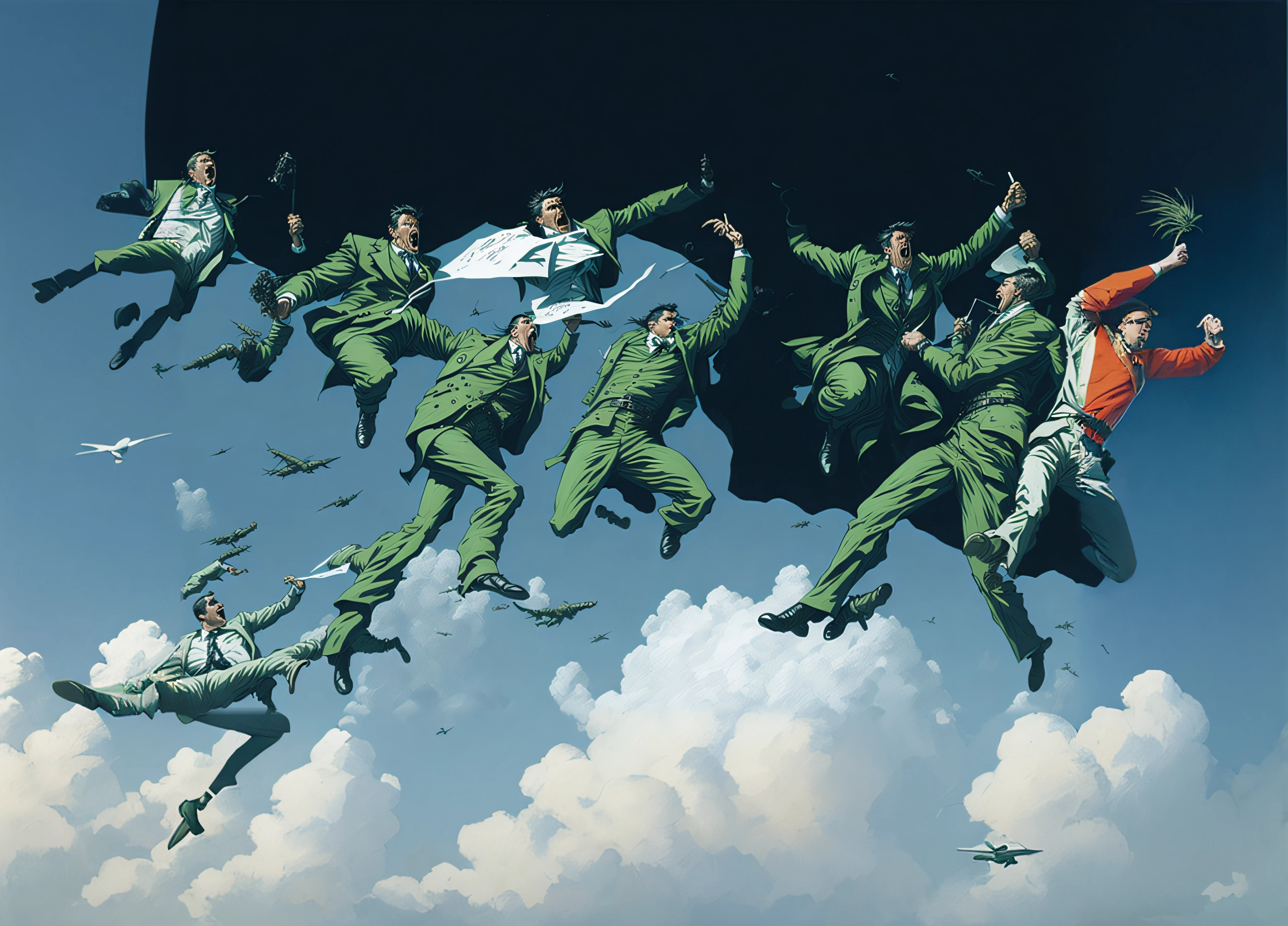 Hay muchos hombres con uniformes verdes volando en el aire, Angus McBride, Parque John, Alex Andreev, Stefan Koidl, por Chris Moore, por Rafael Ritz, sergey zabelin, Rhads!!!, Darwyn Cooke, Android Jones y Rhads, Rhads!, Alexey Egorov, Gregory Manchess », por Robert Ballagh, por Yoshihiko Wada