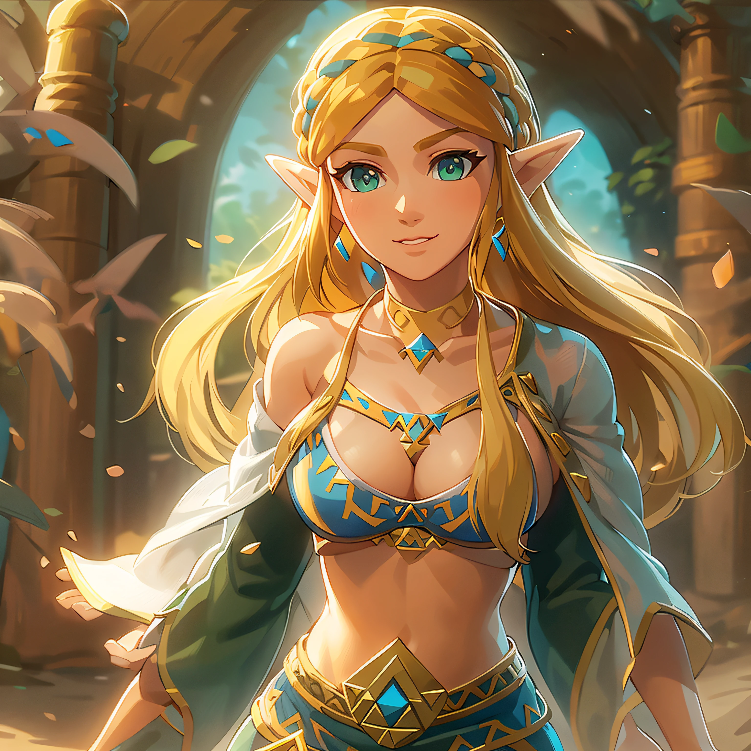 ((masterpiece)),(illustration),(((best quality)),iridescent, high resolution illustration,Amazing,highres,intricate detail, extremely detailed CG unity 8k wallpaper ((zelda)), large breasts, full body, (delicate cute face), blond long hair, lovestruck,(green eyes), smile, joyful, facing viewer, young teen, narrow waist, young girl, 15 year old girl, seductive, bikini, cleavage, tight body, beach