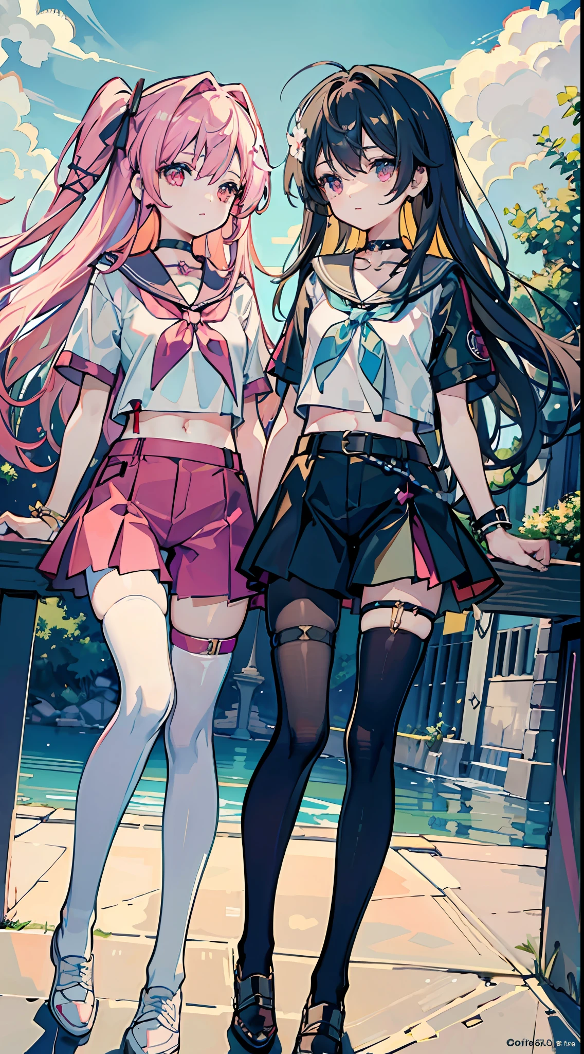 ,twins, Masterpiece,Best quality,offcial art,Extremely detailed Cg Unity 8K wallpaper, 2girls, cute female child, Yuri, hair adornments, Short shorts, Crop top, Pantyhose, ribbon_choker necklace, leg belt,
