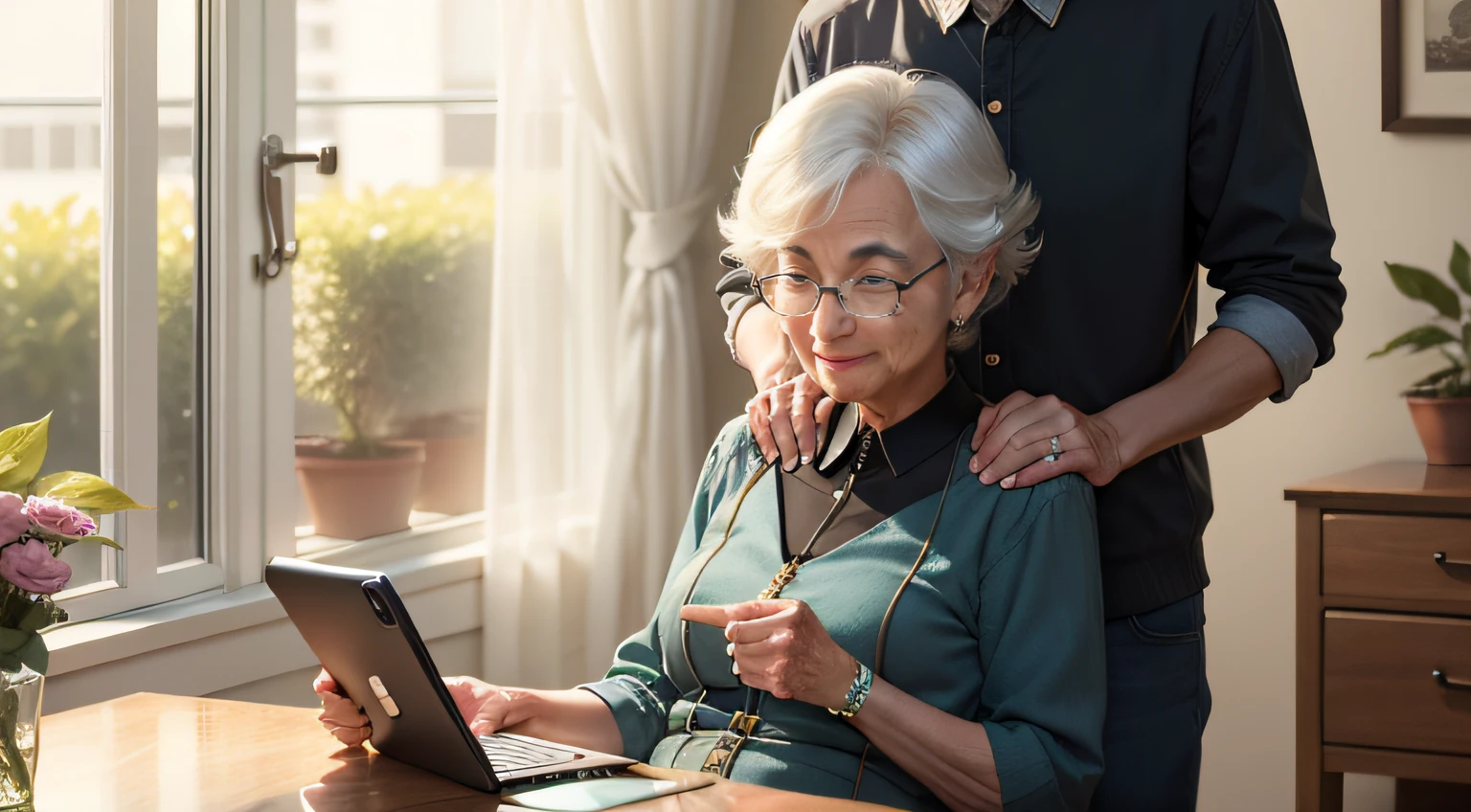 /imagine prompt: A college student grandson standing in front of his grandmother, handing her a smartphone. The grandmother smiles as she gently touches the screen of the phone. The surrounding environment is a warm and loving family atmosphere, by doodle --niji 5