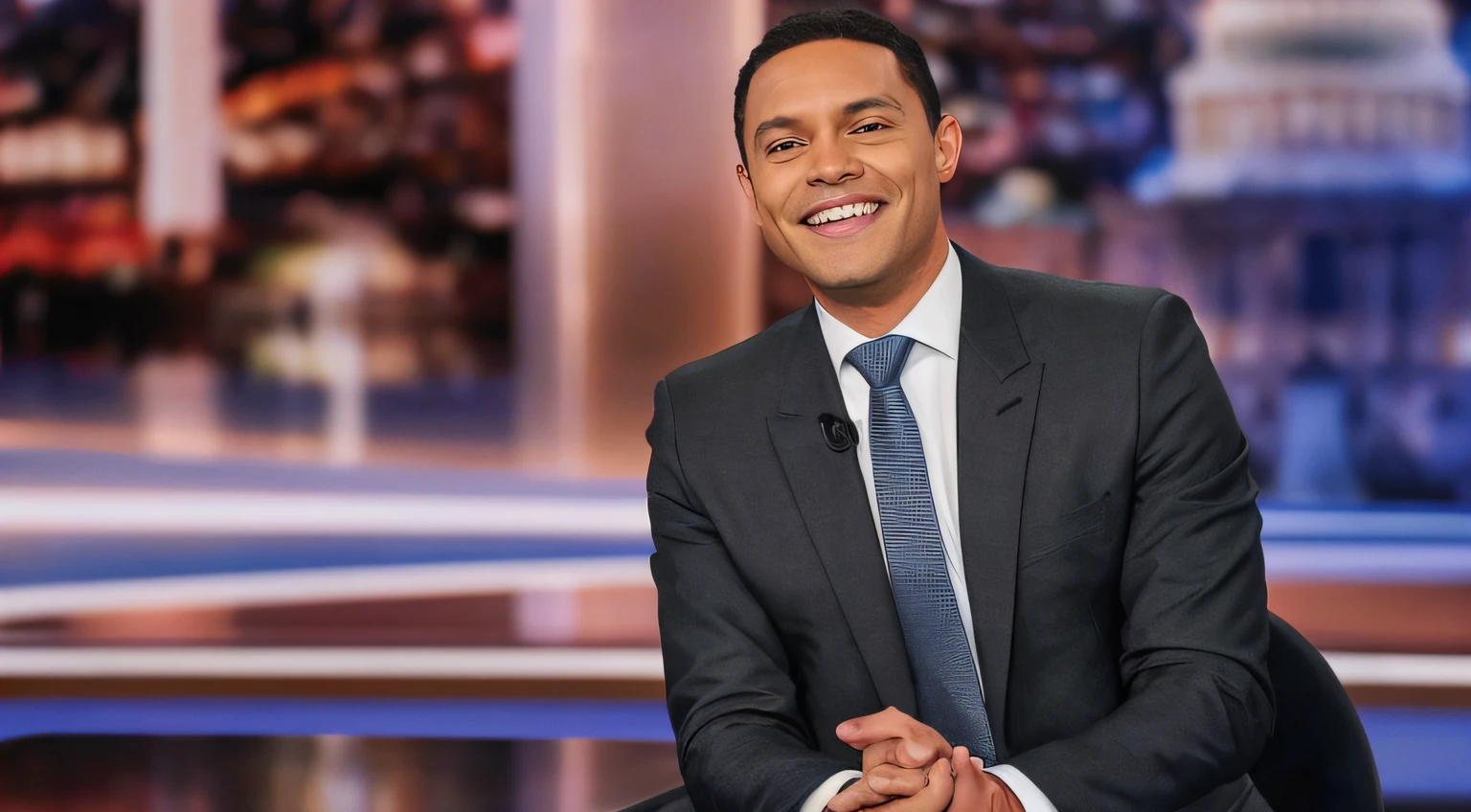 arafed man in a suit and tie sitting in a chair, taken in the early 2020s, nbc, With a subtle smile, smooth in the background, he is smiling, promo image, he is wearing a suit, foreground background, smooth in _ Background with, smug look, tv show still, smiling at camera, Genetic spying