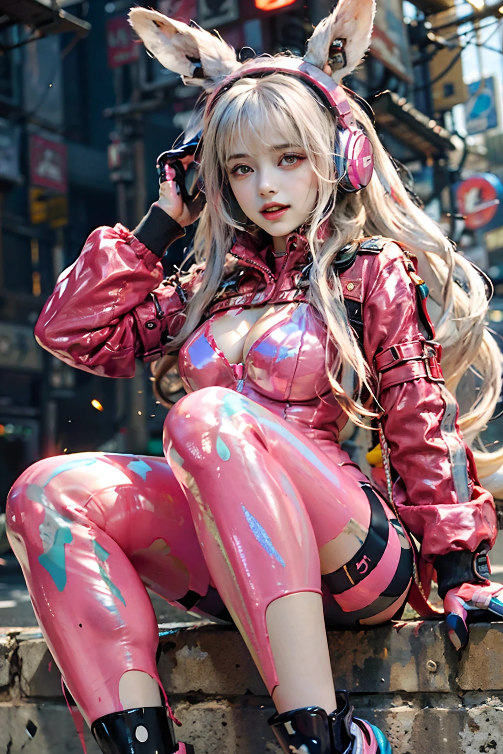 (RAW photo, Best quality, Masterpiece:1.2), (Realistic, photo-realistic:1.4),(Masterpiece:1.4),(Best quality:1.4),1girll, Solo, :D, Animal ear headphones, Arms up, bangs, Blush, tightsuit, Breasts, rabbit pose, Clothes writing, covered navel, Cowboy shot, Cropped jacket, mitts, (((cyberpunk city street background))), hair intakes, Earphone, impossible bodysuit, Impossible clothes, Jacket, Large breasts, latex, latex bodysuit, Long hair, Long sleeves, view the viewer, Large breasts, Multicolored gloves, Open mouth, pink leotard, Pink eyes, Red jacket, Shiny clothes, shrugged shoulders \(Clothing\), side locks, skin tight, Smile, thigh gap, Thighs, double tails, Very long hair, White gloves, White hair,Alice \(Nikke\),(Shiny skin),Realistic.