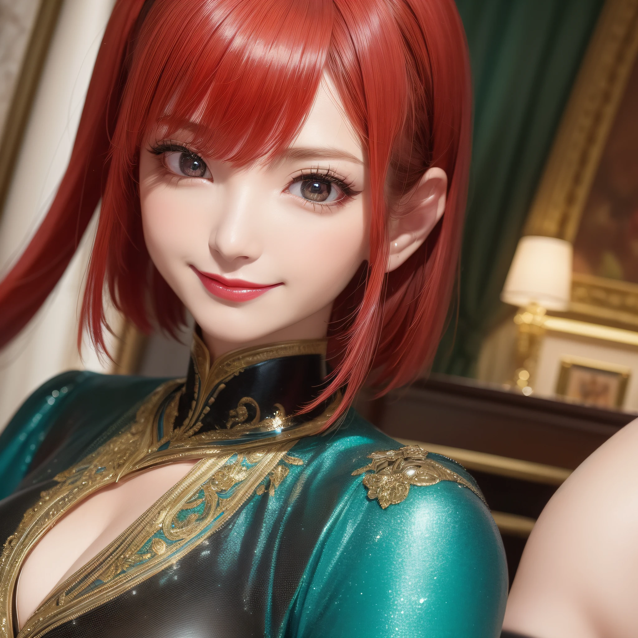 (((Surreal)))、Close up of one woman smiling、 Shiny hair, Heart-shaped pupil, aqua eyes, makeup, Red lips, action painting, Hyper-Realism, Cinematic lighting, Glowing light, nffsw, masutepiece, Textured skin, Super Detail, high details, High quality, awardwinning, Best Quality, hight resolution,