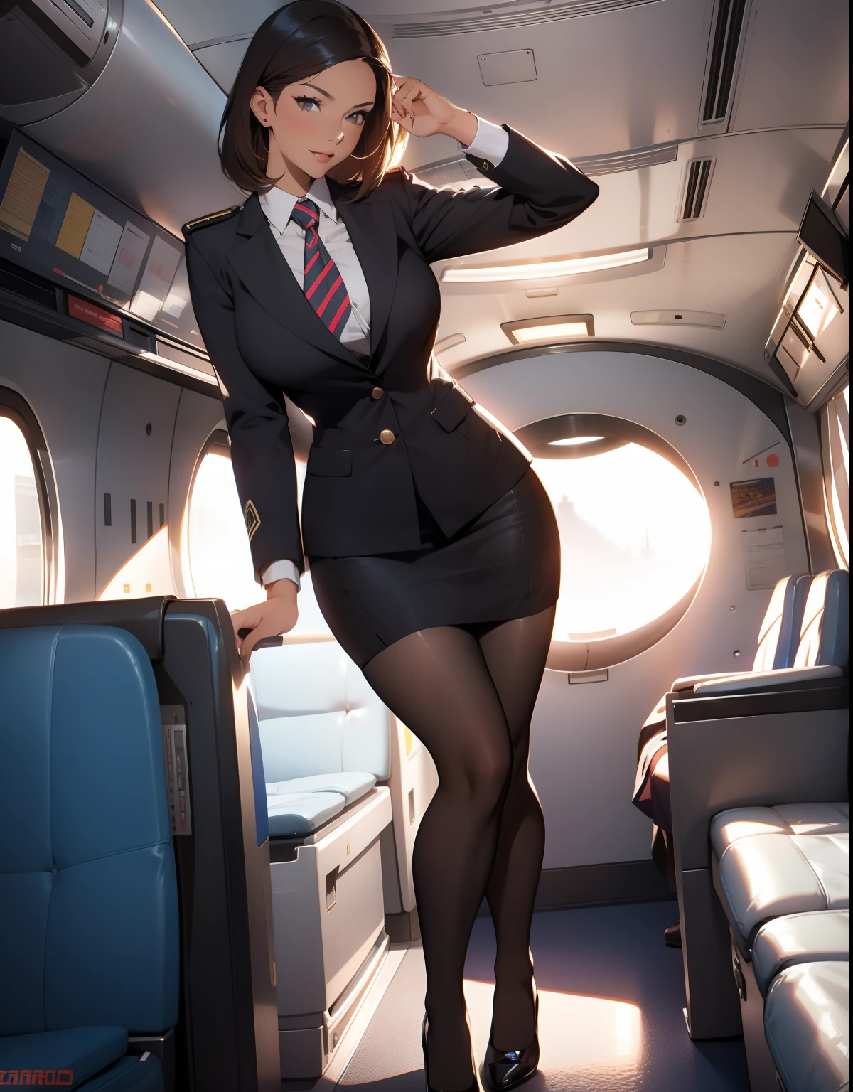 stewardess，Wear a flight attendant suit，A beautiful full body girl，with fair skin，cabelos preto e longos，24 years of age，busty figure，Short clothes，short  skirt，Super sexy scene，facial closeups，