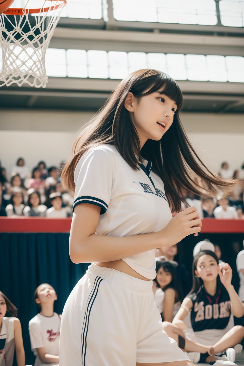 ​masterpiece、of the highest quality、one girls、a 20 yo woman、A dark-haired、Straight black hair、I have bangs、huge tit、Big ass、Slender Abs、flowy hair、Women's Basket Uniform、College girl on basketball team、college girls、Neat lady、no-makeup、prety woman、Cool woman、Fashion magazine trends、Women's Magazine Trends、 Angle from below、In the basket、During a basketball game、Basketball players