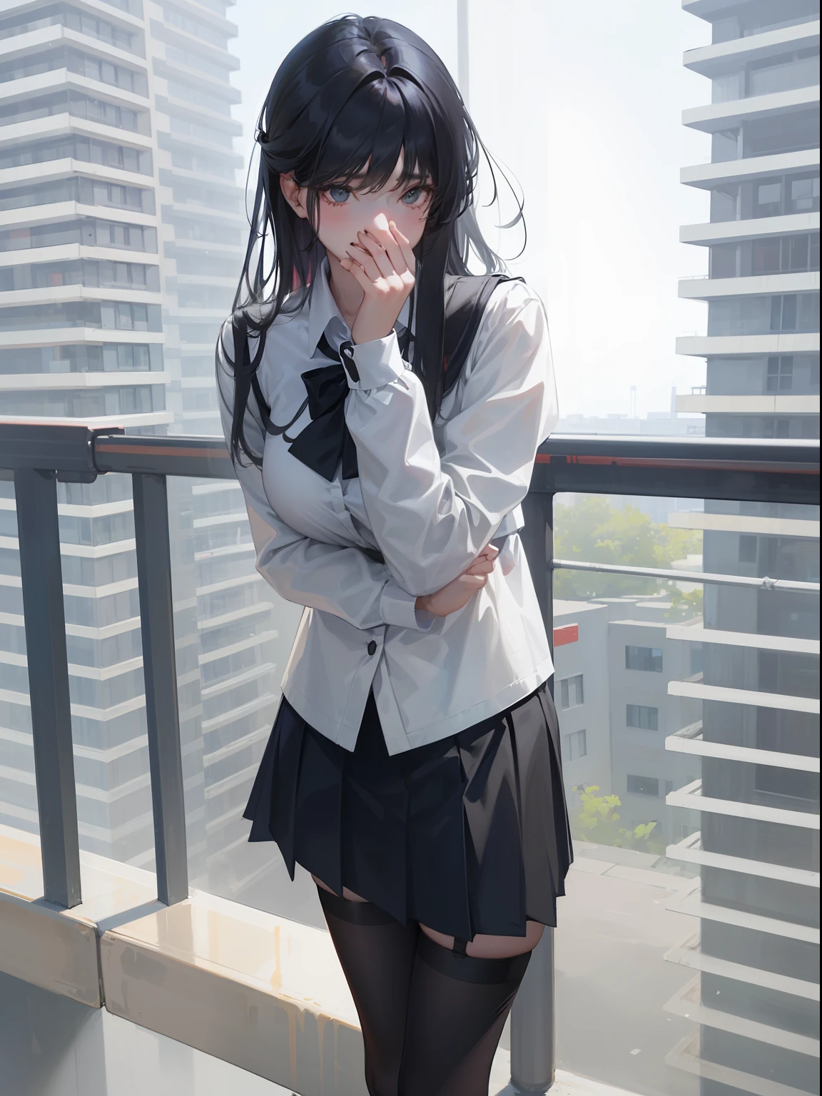 tmasterpiece，Best quality at best，Black-haired girl covering her mouth，is shy，Be red in the face，JK school uniform，a black pleated skirt，black lence stockings，thin very long legs