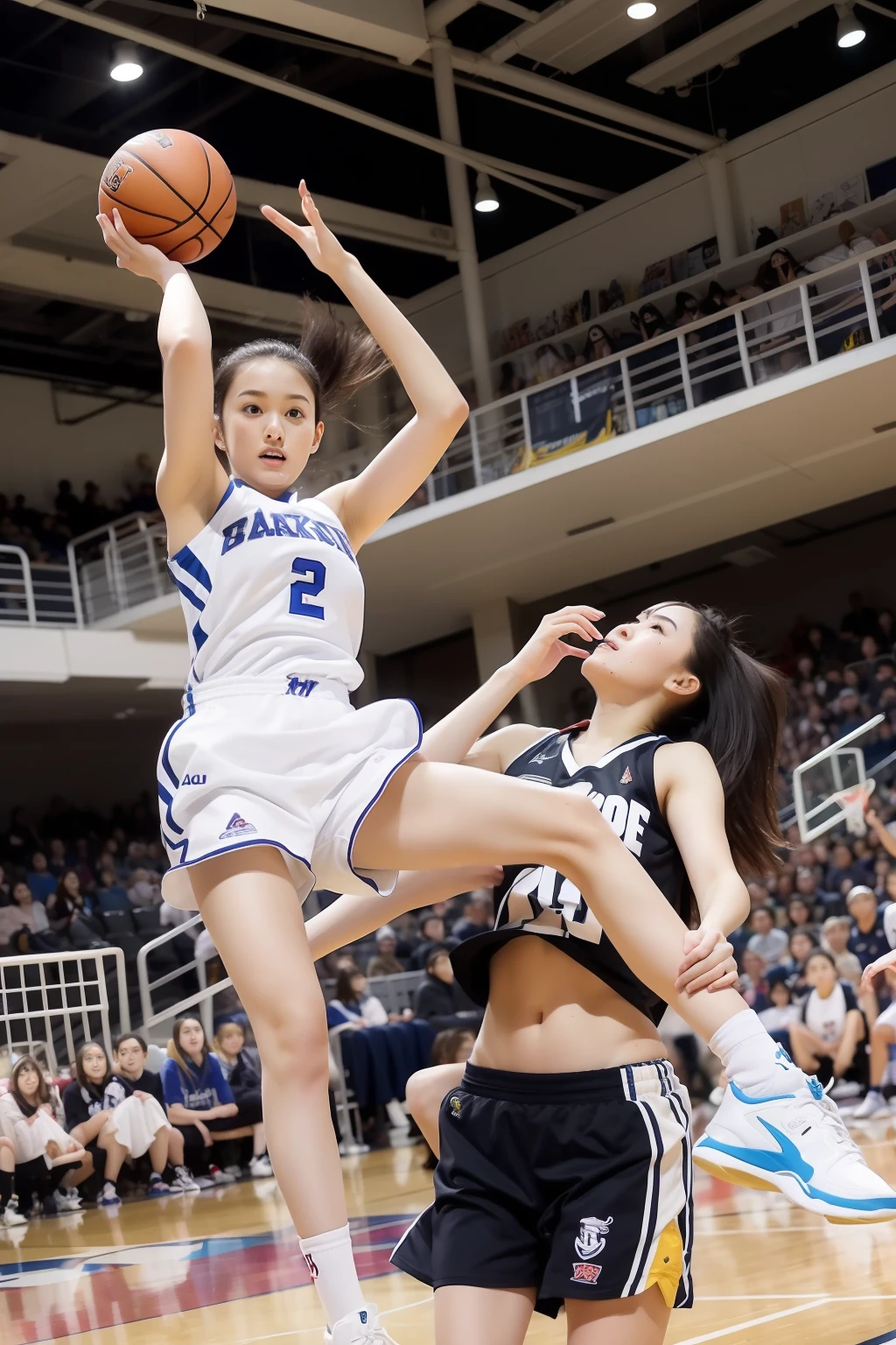 ​masterpiece、of the highest quality、one girls、a 20 yo woman、A dark-haired、Straight black hair、I have bangs、huge tit、Big ass、Slender Abs、flowy hair、Women's Basket Uniform、College girl on basketball team、college girls、Neat lady、no-makeup、prety woman、Cool woman、Fashion magazine trends、Women's Magazine Trends、 Angle from below、In the basket、During a basketball game、Basketball players